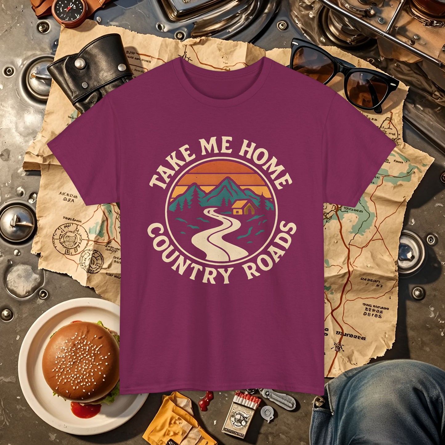 Take Me Home Country Roads T-Shirt – Retro Mountain Road to Cozy Cabin Design Road Trip & Vehicle Travel T-Shirts | Car, RV, and Motorcycle Adventure Tees