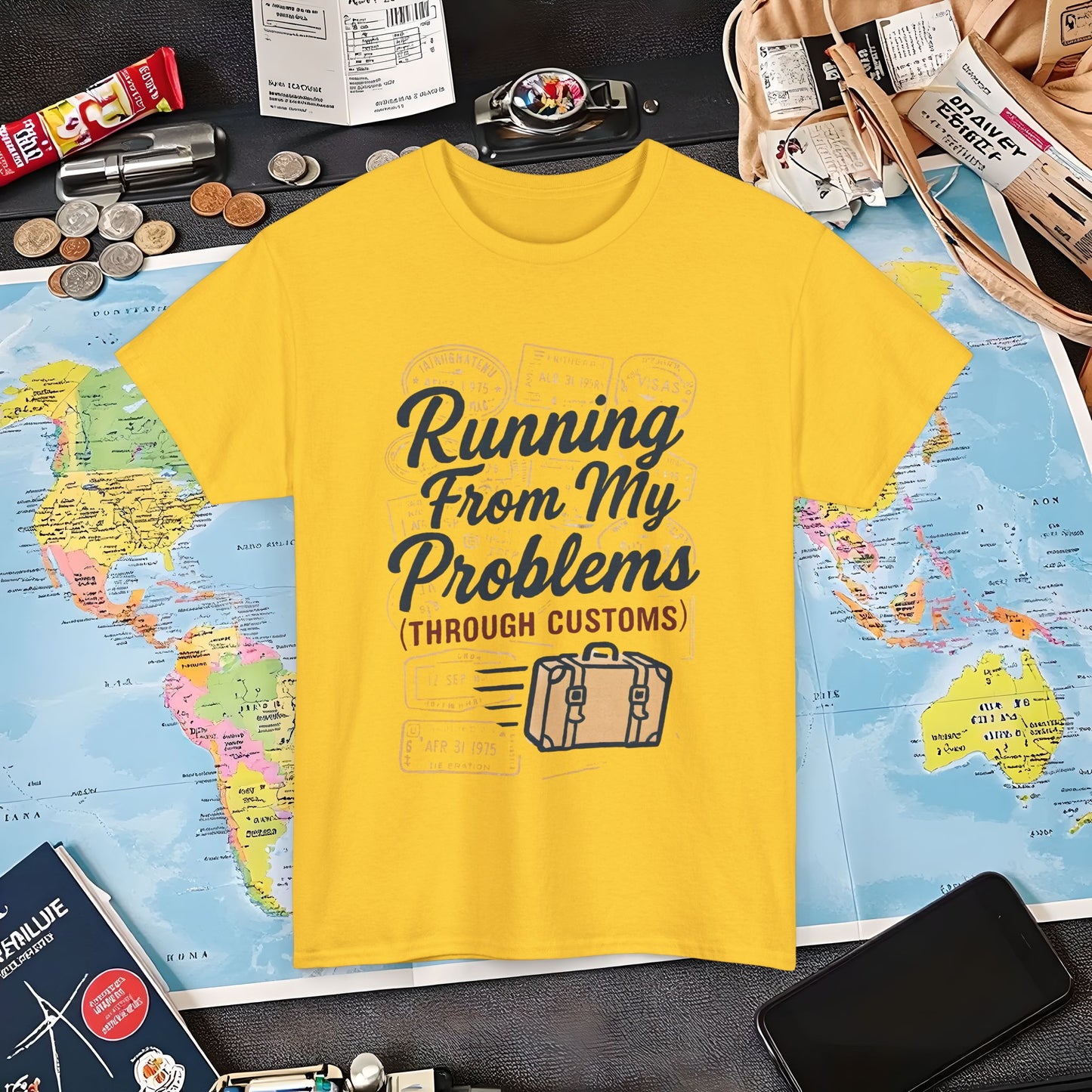 Running From My Problems Through Customs – Vintage Travel Quote Tee with Passport Stamps Air Travel T-Shirts | Jetsetter, Airport, and International Flight Tees