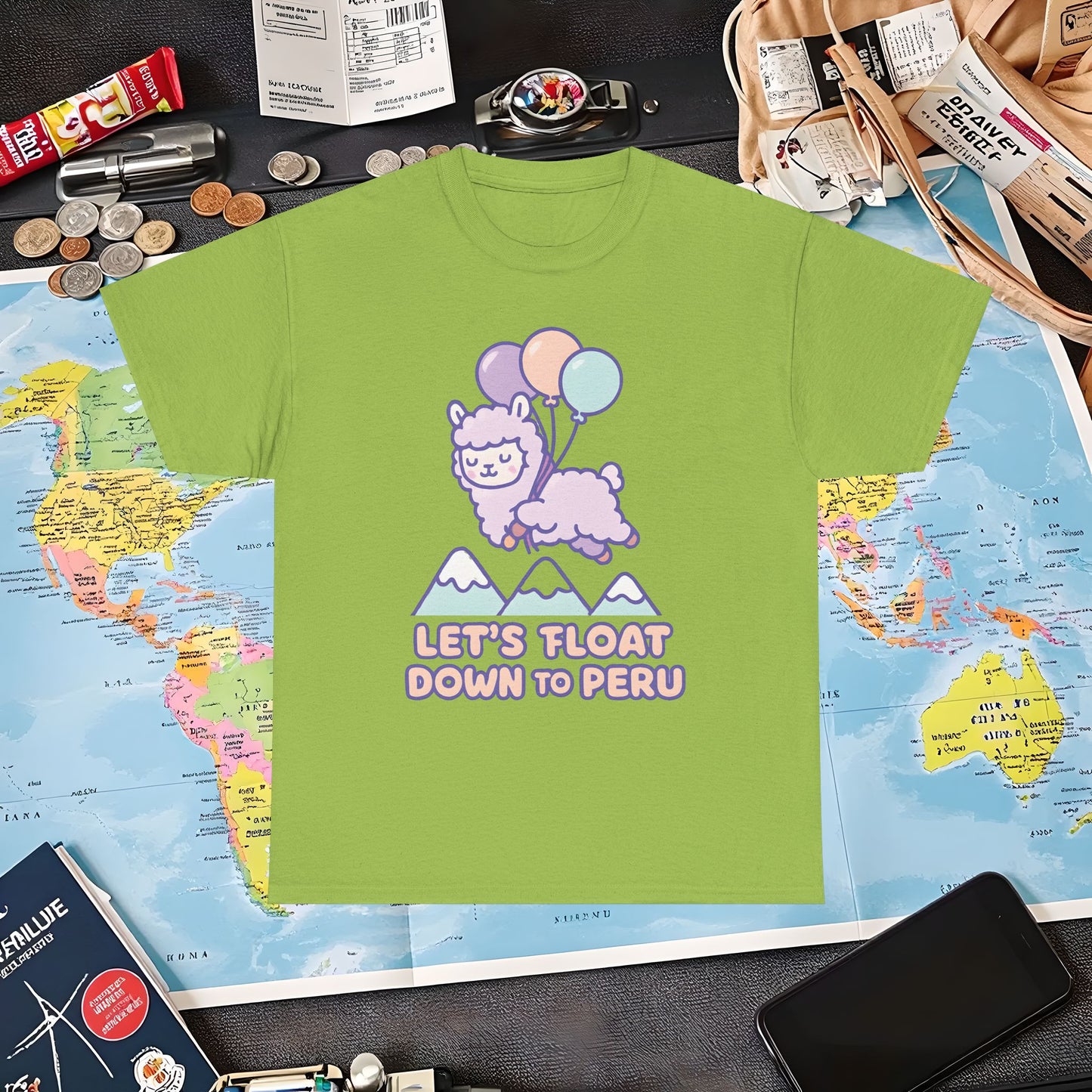 Let’s Float Down to Peru T-Shirt – Kawaii Alpaca Over Snowy Mountain Peaks Air Travel T-Shirts | Jetsetter, Airport, and International Flight Tees