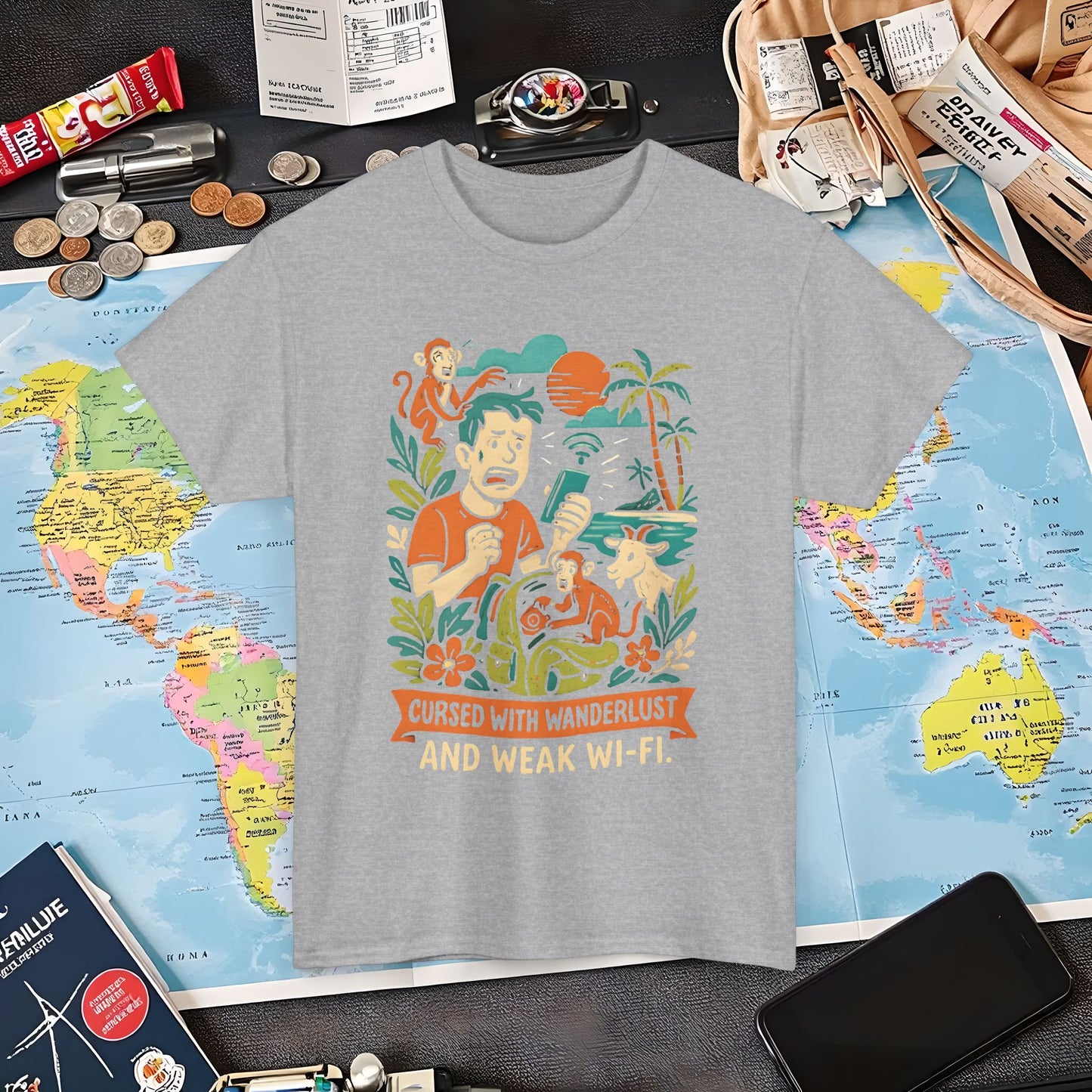 Cursed with Wanderlust and Weak Wi-Fi – Funny Tropical Traveler Frustration Tee Travel T-Shirts | Jetsetter, Airport, and International Flight Tees