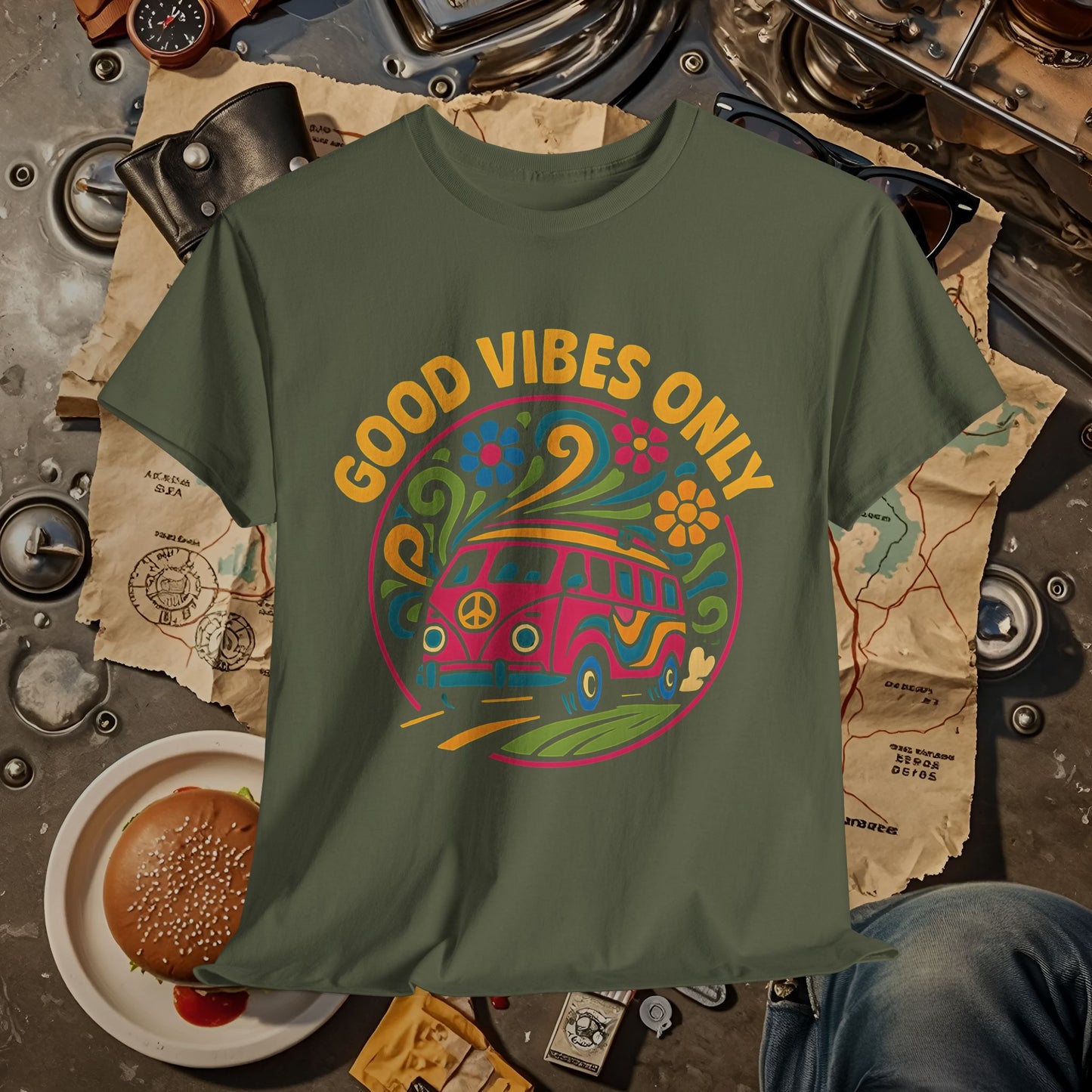 Good Vibes Only T-Shirt – Retro Hippie Van with 70s-Inspired Positivity Road Trip & Vehicle Travel T-Shirts | Car, RV, and Motorcycle Adventure Tees