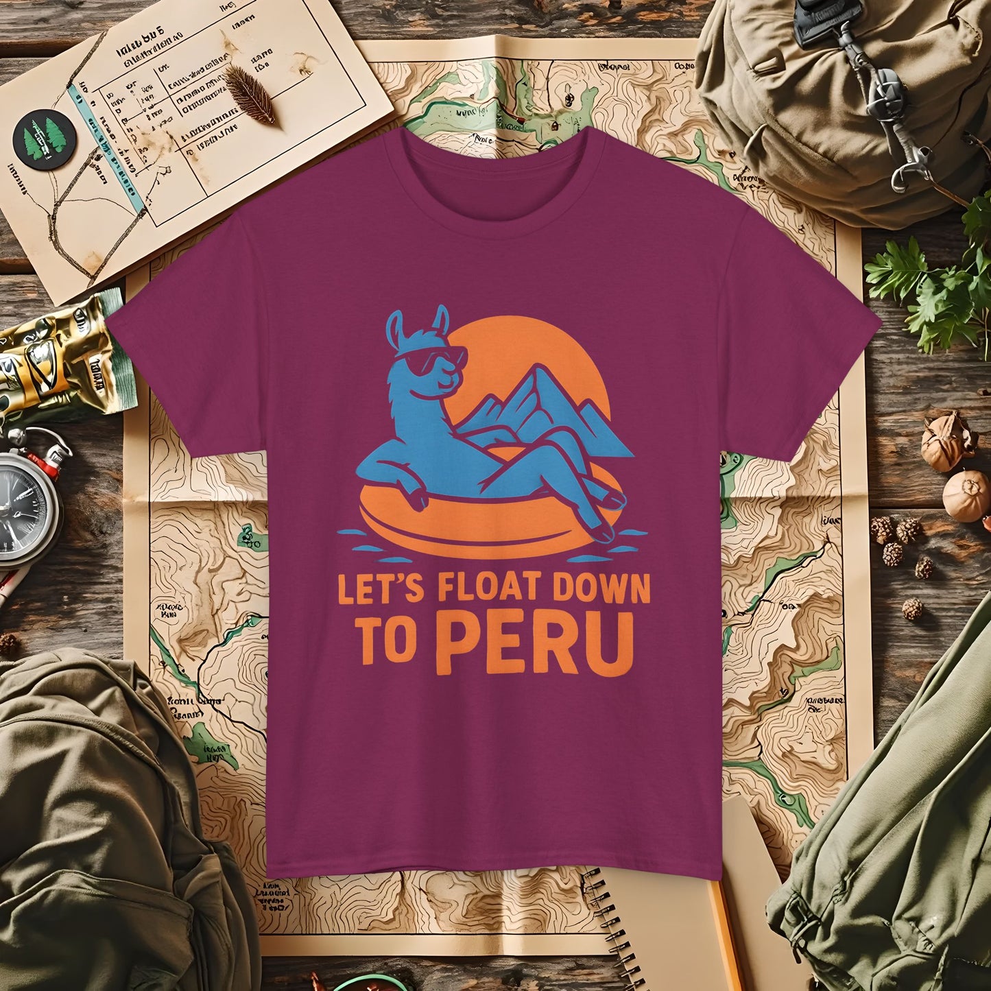 Let’s Float Down to Peru T-Shirt – Chill Llama on Inner Tube and Andes Sunset Outdoor Adventure T-Shirts | Camping, Hiking, Rafting & Kayaking Tees for Nature Lovers