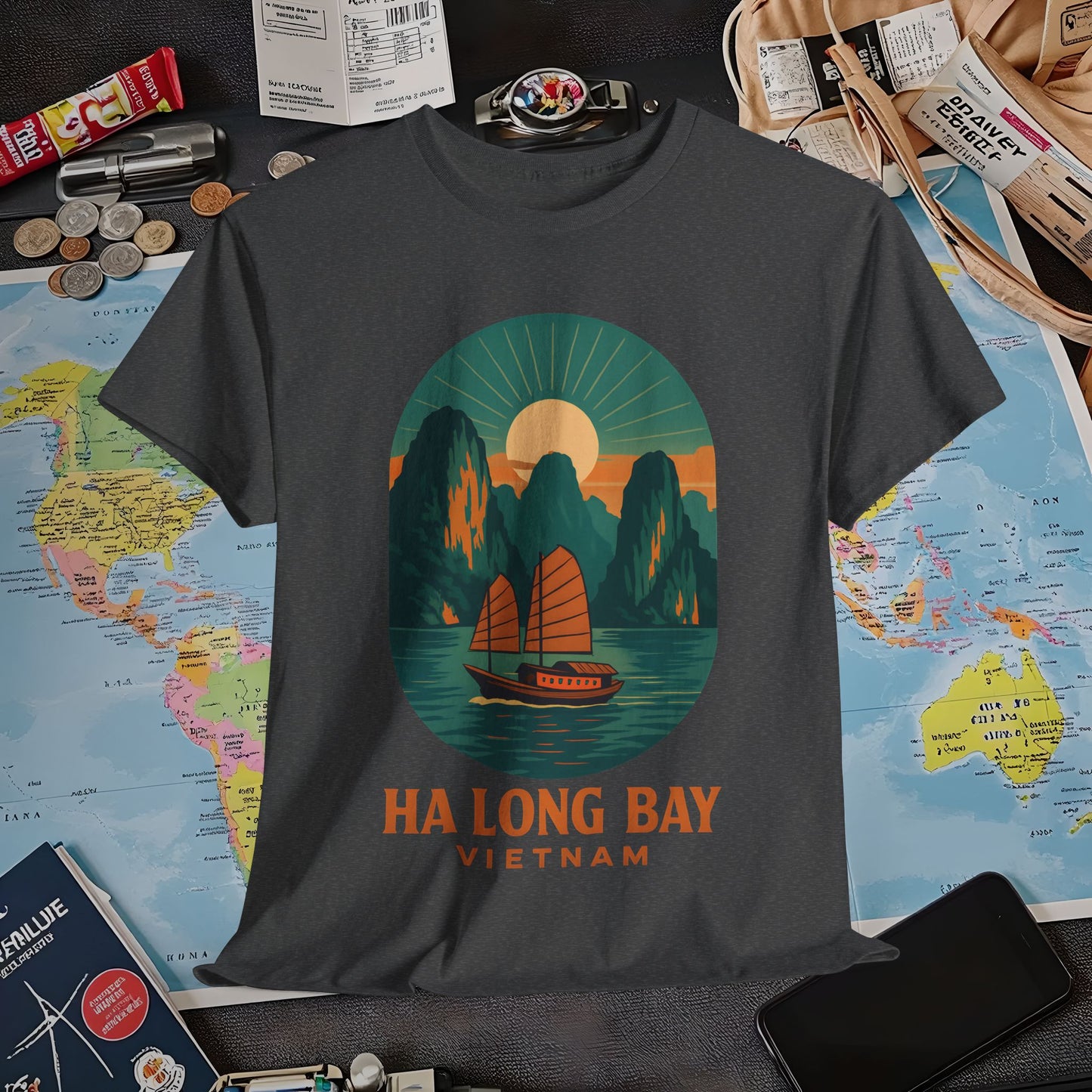 Ha Long Bay Vietnam T-Shirt – Art Deco Junk Boat Travel Shirt for Southeast Asia Lovers Air Travel T-Shirts | Jetsetter, Airport, and International Flight Tees