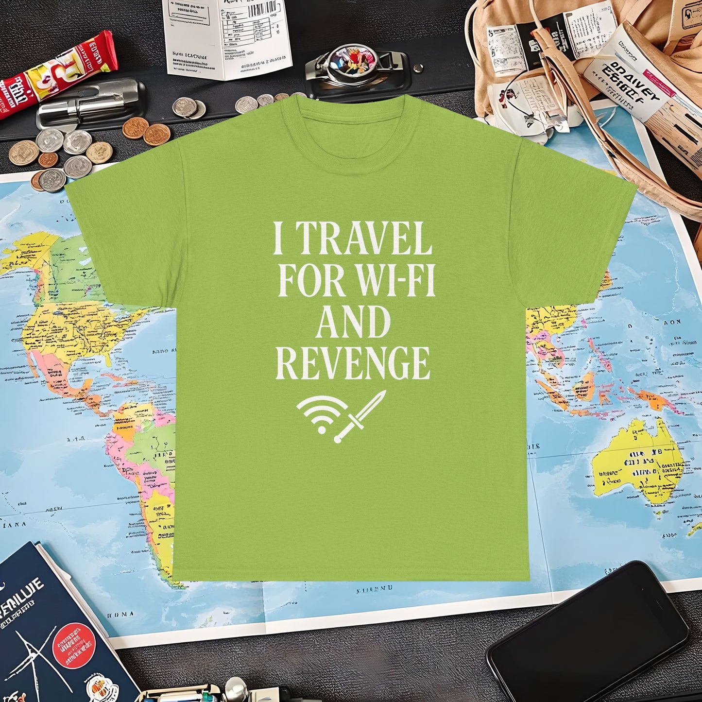 I Travel for WiFi and Revenge – Bold Quote Tee with Dagger Icon Air Travel T-Shirts | Jetsetter, Airport, and International Flight Tees