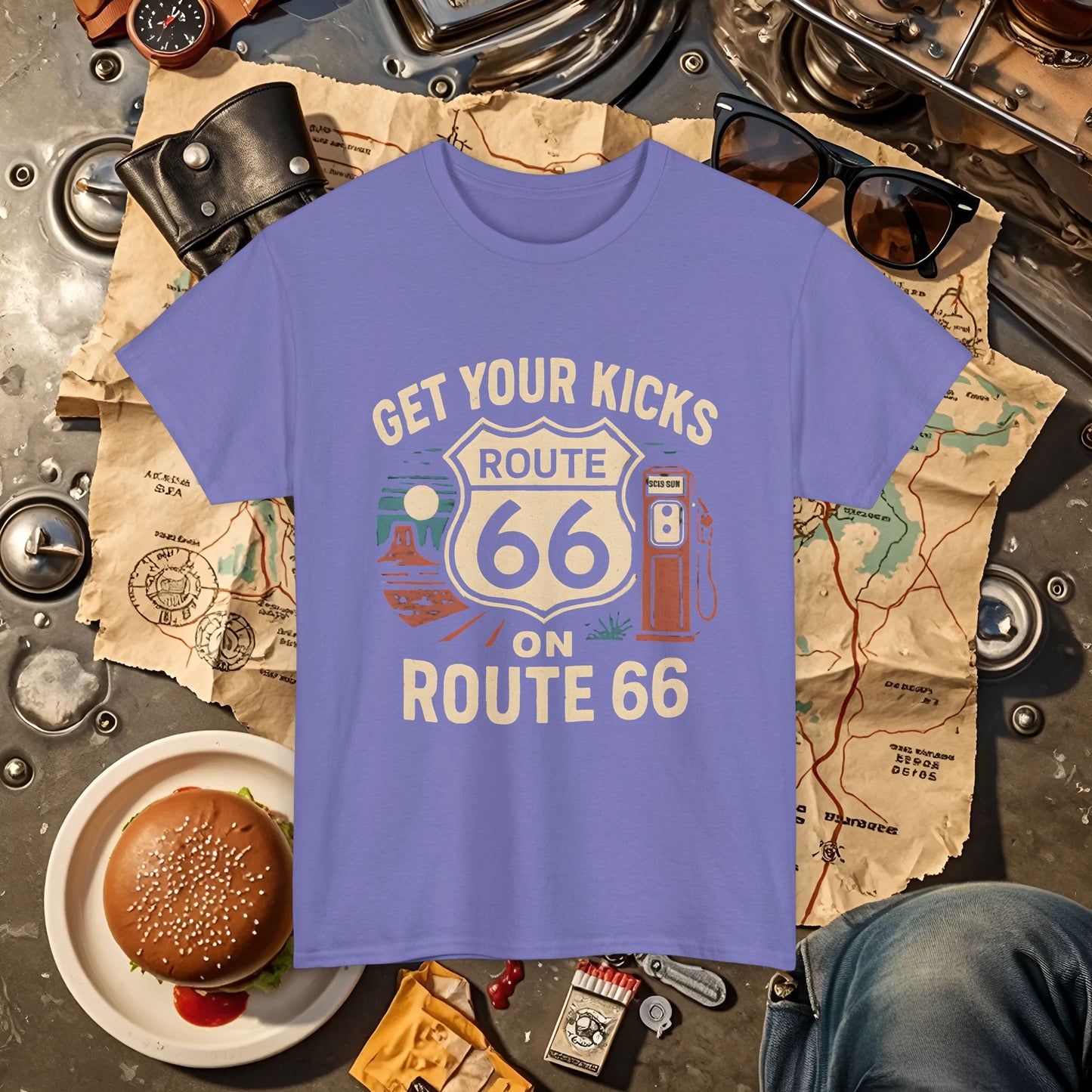 Get Your Kicks on Route 66 T-Shirt – Vintage Desert Scene with Classic Gas Pump & Roadside Vibes Road Trip & Vehicle Travel T-Shirts | Car, RV, and Motorcycle Adventure Tees