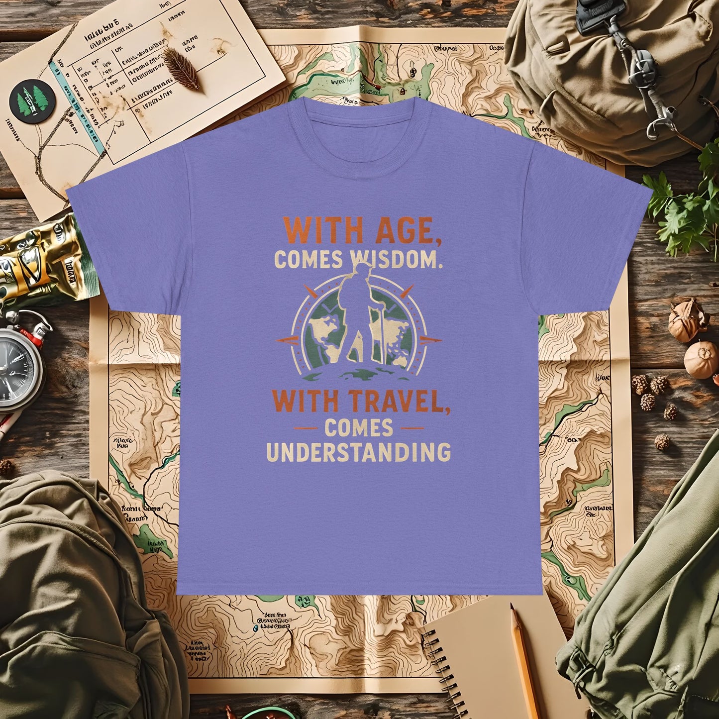 With Age Comes Wisdom, With Travel Comes Understanding Tee – Explorer Compass Design | Camping, Hiking, Rafting & Kayaking Tees for Nature Lovers