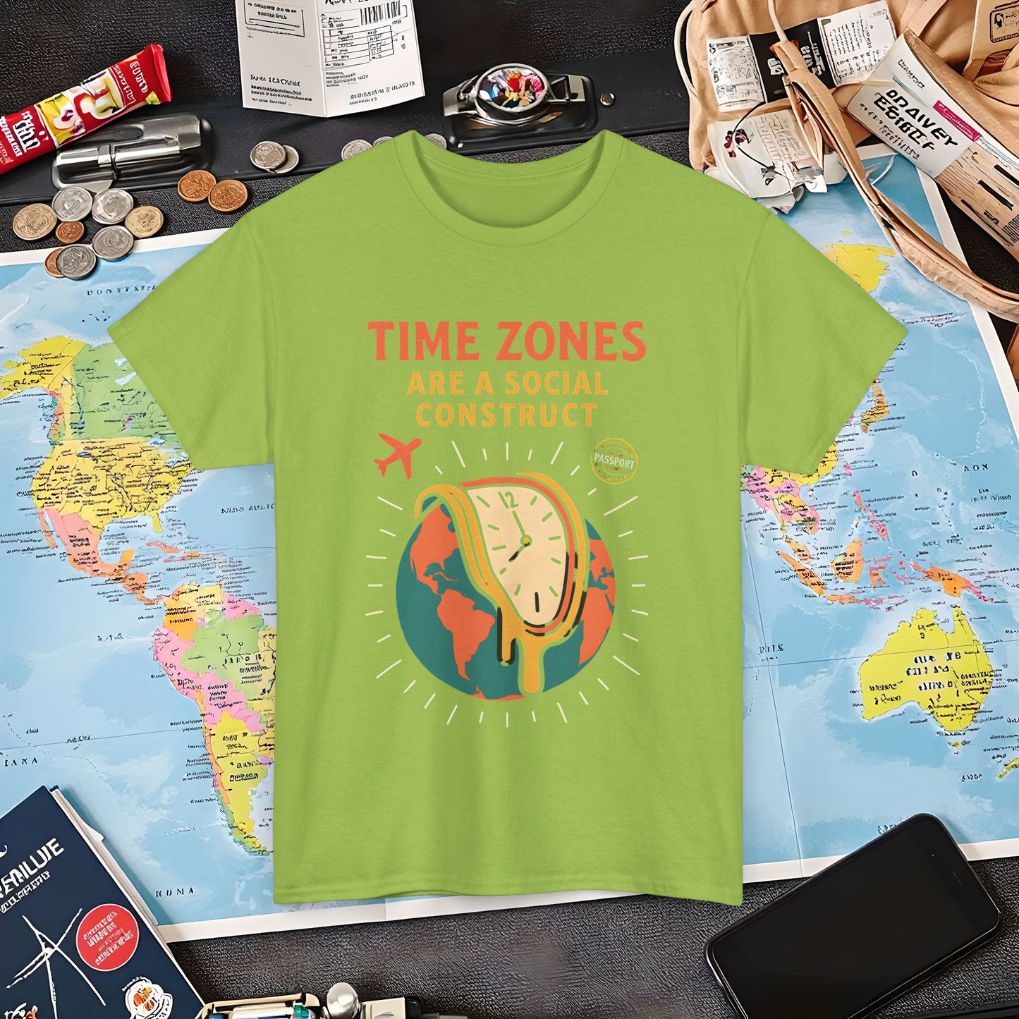 Time Zones Are a Social Construct Tee – Melting Clock Over World Map Travel Shirt Air Travel T-Shirts | Jetsetter, Airport, and International Flight Tees