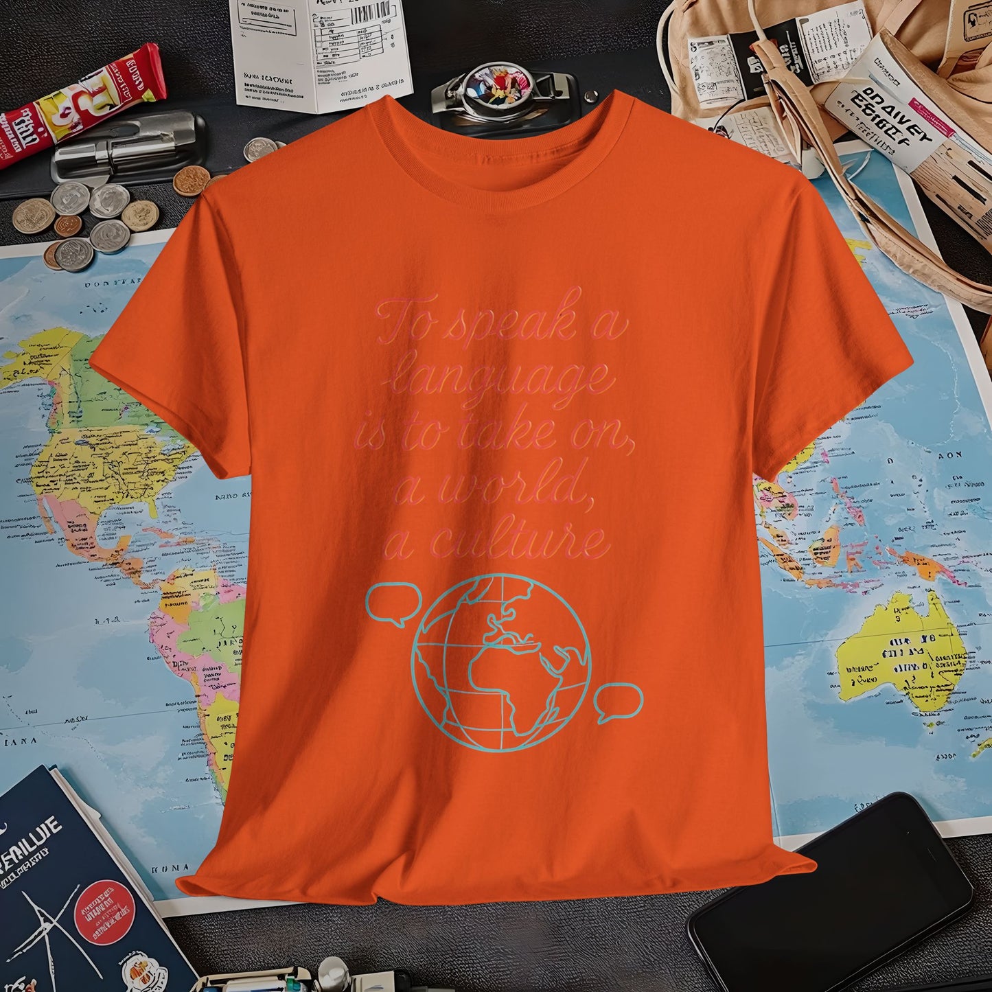 To Speak a Language Is to Take on a World – Cultural Connection Tee with Globe & Speech Bubbles | Layover Club Air Travel T-Shirts | Jetsetter, Airport, and International Flight Tees