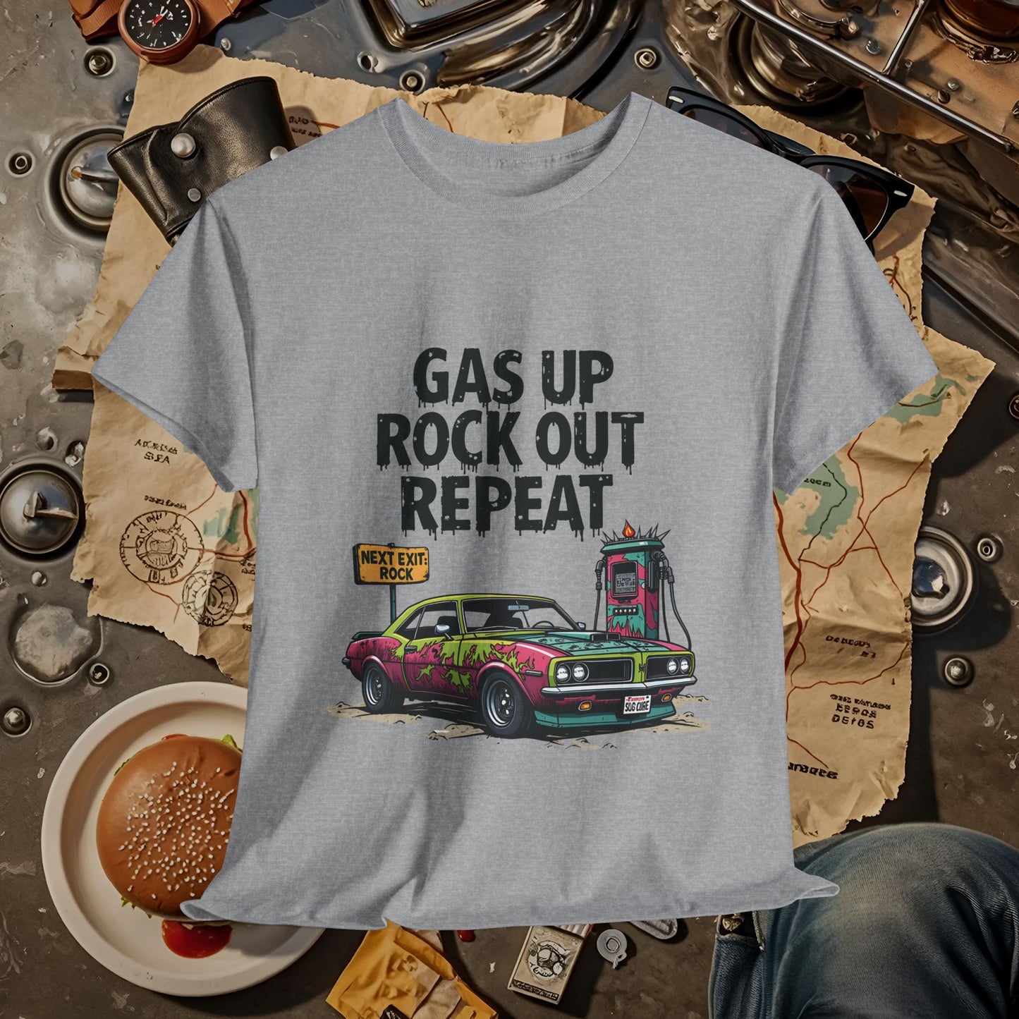 Gas Up, Rock Out and Repeat Road Trip & Vehicle Travel T-Shirts | Car, RV, and Motorcycle Adventure Tees