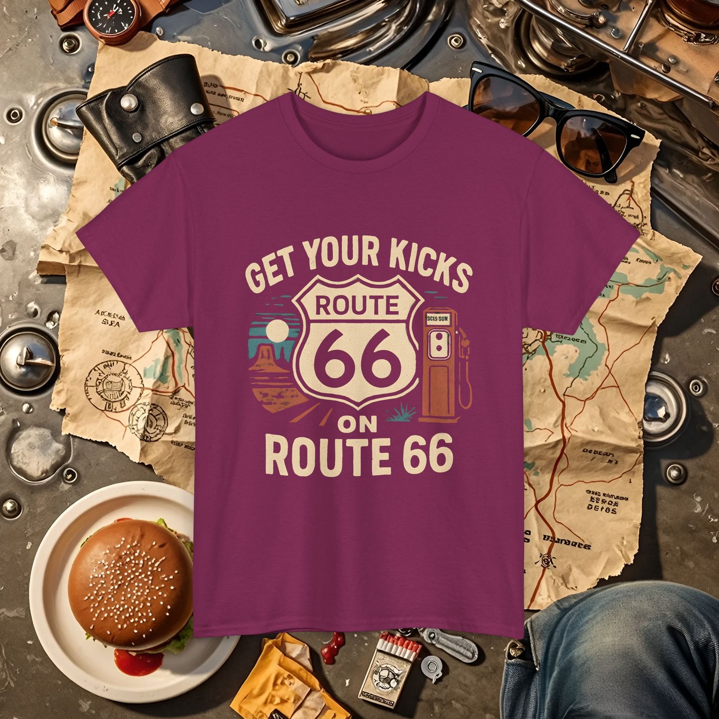 Get Your Kicks on Route 66 T-Shirt – Vintage Desert Scene with Classic Gas Pump & Roadside Vibes Road Trip & Vehicle Travel T-Shirts | Car, RV, and Motorcycle Adventure Tees
