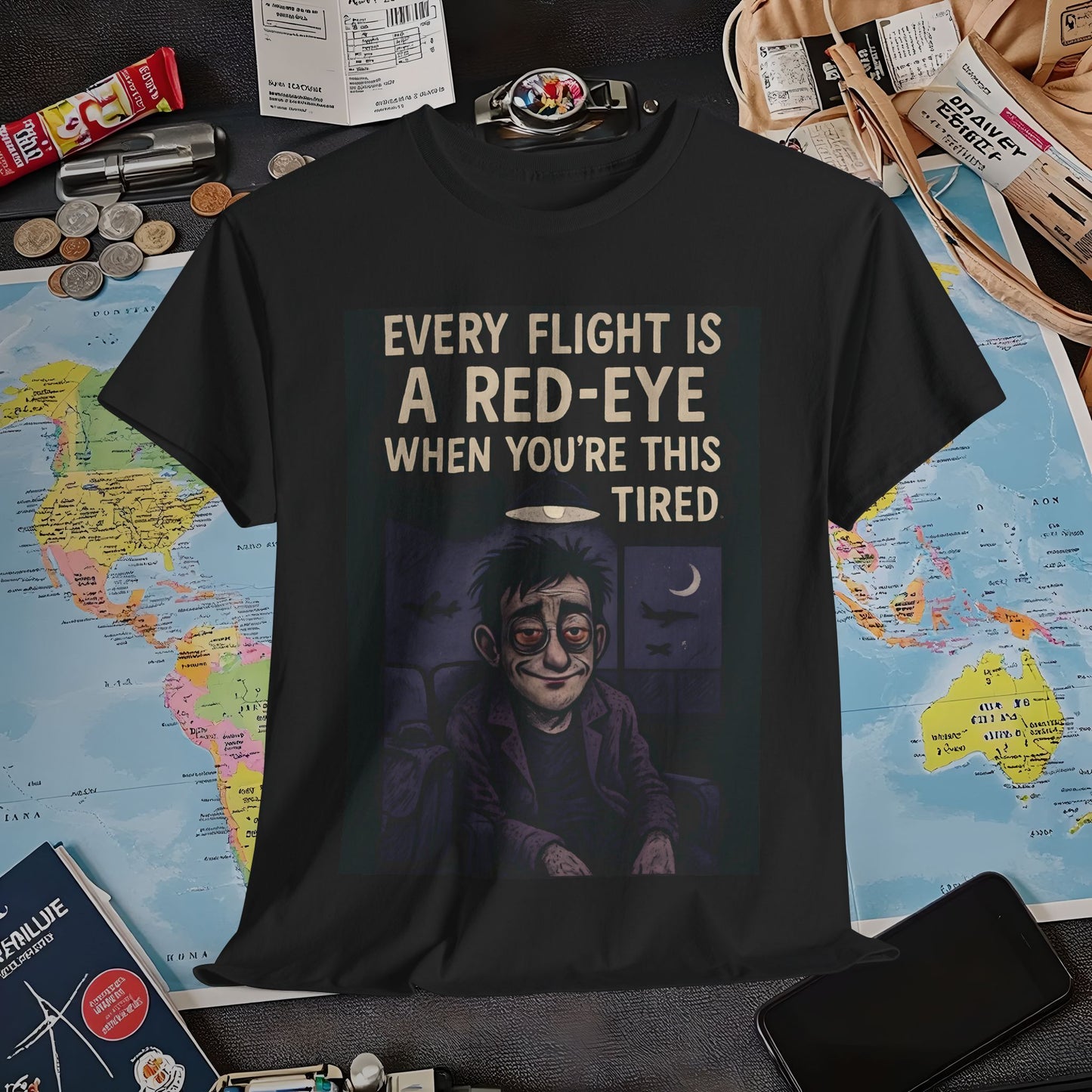 Every Flight Is a Red Eye Tee – Exhausted Traveler Comic Noir Shirt Air Travel T-Shirts | Jetsetter, Airport, and International Flight Tees