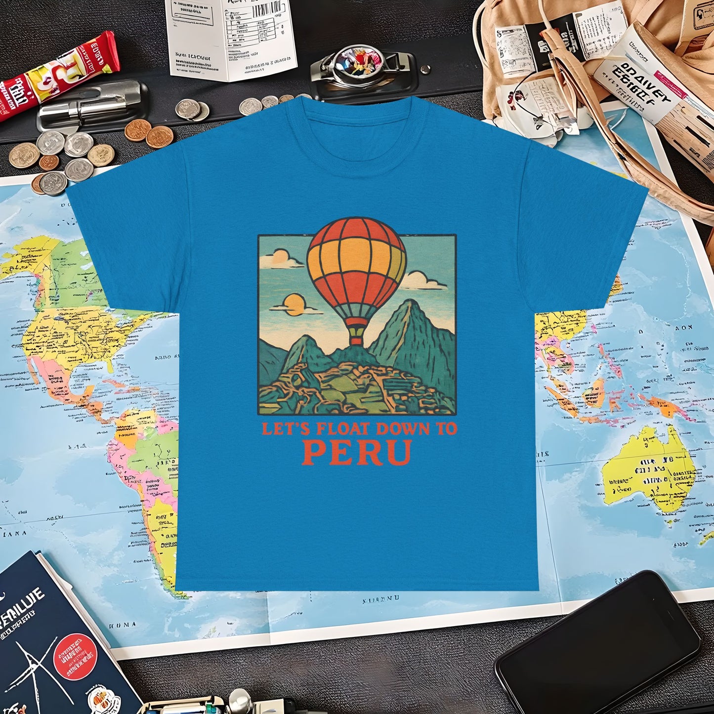 Let’s Float Down to Peru T-Shirt – Vintage Hot-Air Balloon Over Machu Picchu Design Air Travel T-Shirts | Jetsetter, Airport, and International Flight Tees