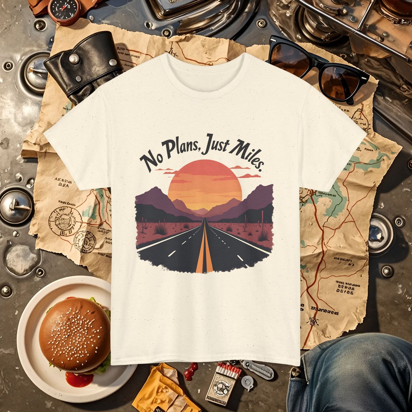 No Plans, Just Miles Adventure Road Unisex Cotton Tee - Travel Shirt, Road Trip Tee, Travel Lover Gift, Nature Lover Shirt, Vacation T-Shirt, Charity Donation