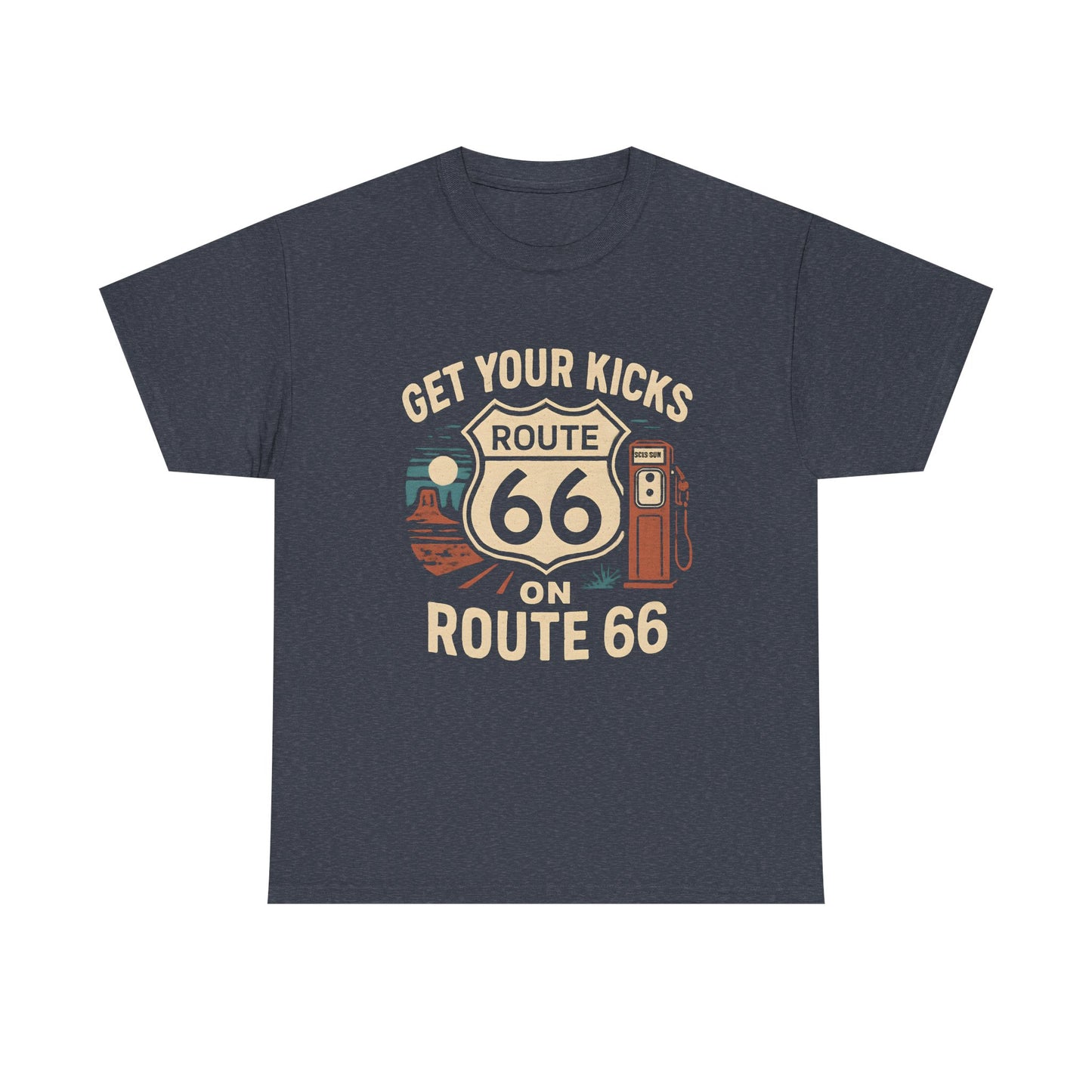 Get Your Kicks on Route 66 T-Shirt – Vintage Desert Scene with Classic Gas Pump & Roadside Vibes Road Trip & Vehicle Travel T-Shirts | Car, RV, and Motorcycle Adventure Tees