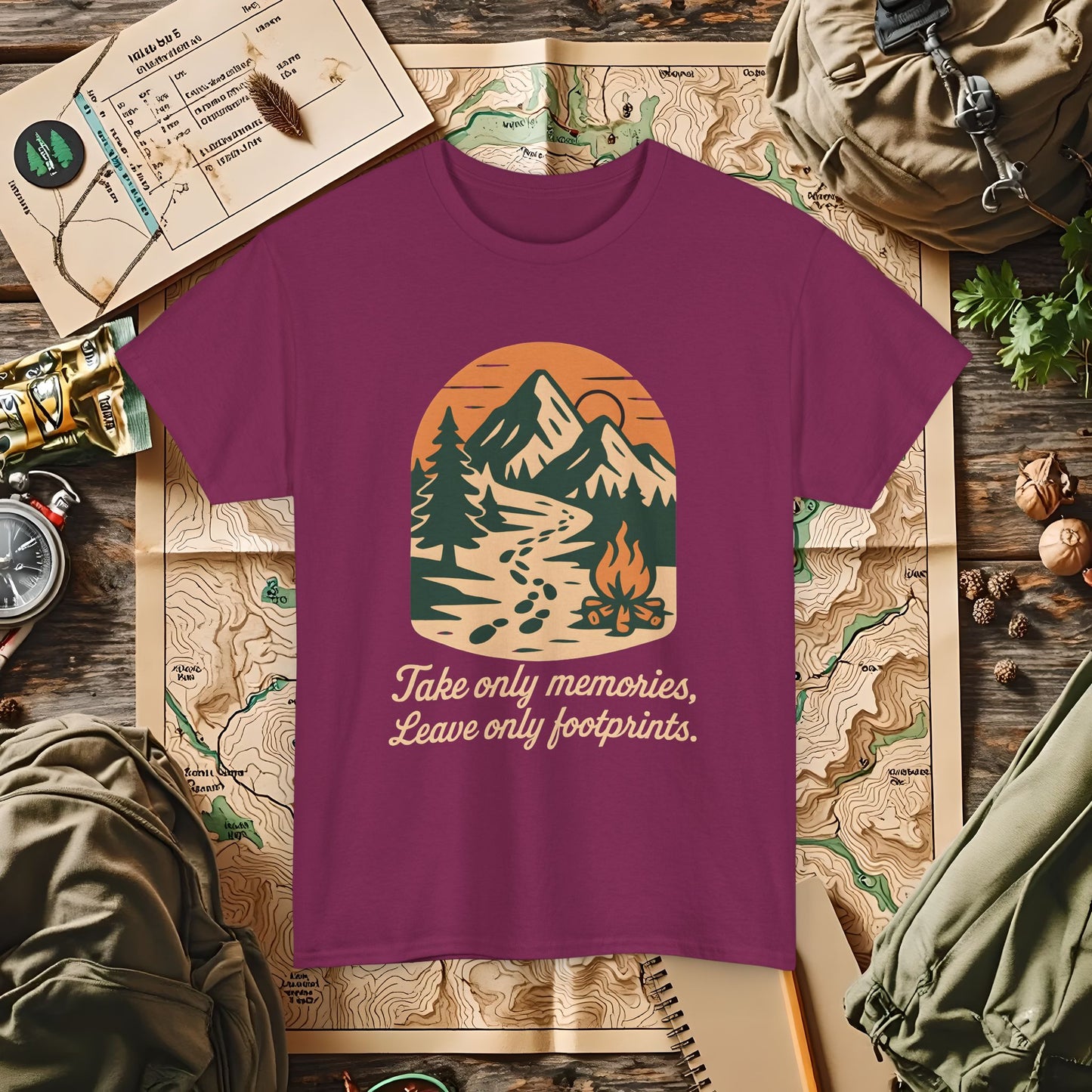 Take Only Memories, Leave Only Footprints — Sunset Mountain Trail Adventure Badge T-Shirt | Camping, Hiking, Rafting & Kayaking Tees for Nature Lovers