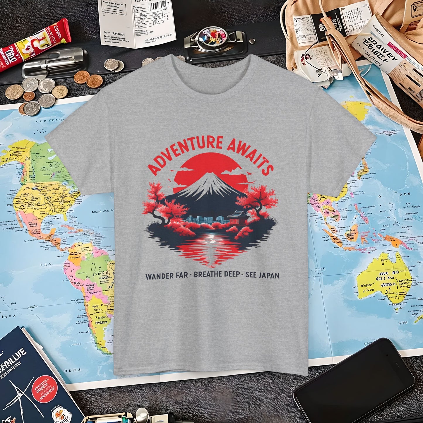 Adventure Awaits – Wander Far, Breathe Deep, See Japan T-Shirt – Scenic Mountain Escape Design Air Travel T-Shirts | Jetsetter, Airport, and International Flight Tees