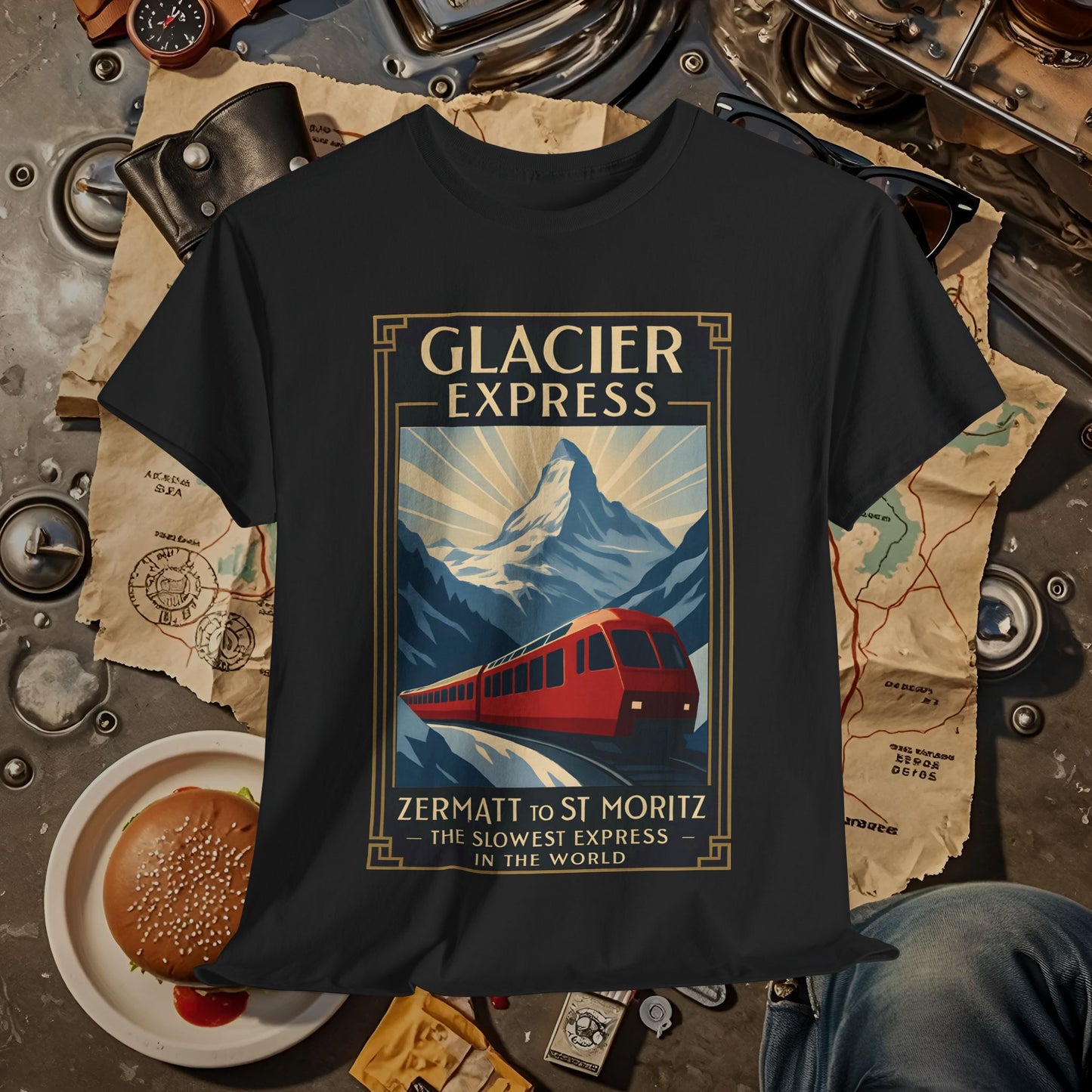 Glacier Express – Art Deco Alpine Train Adventure Tee Road Trip & Vehicle Travel T-Shirts | Car, RV, and Motorcycle Adventure Tees