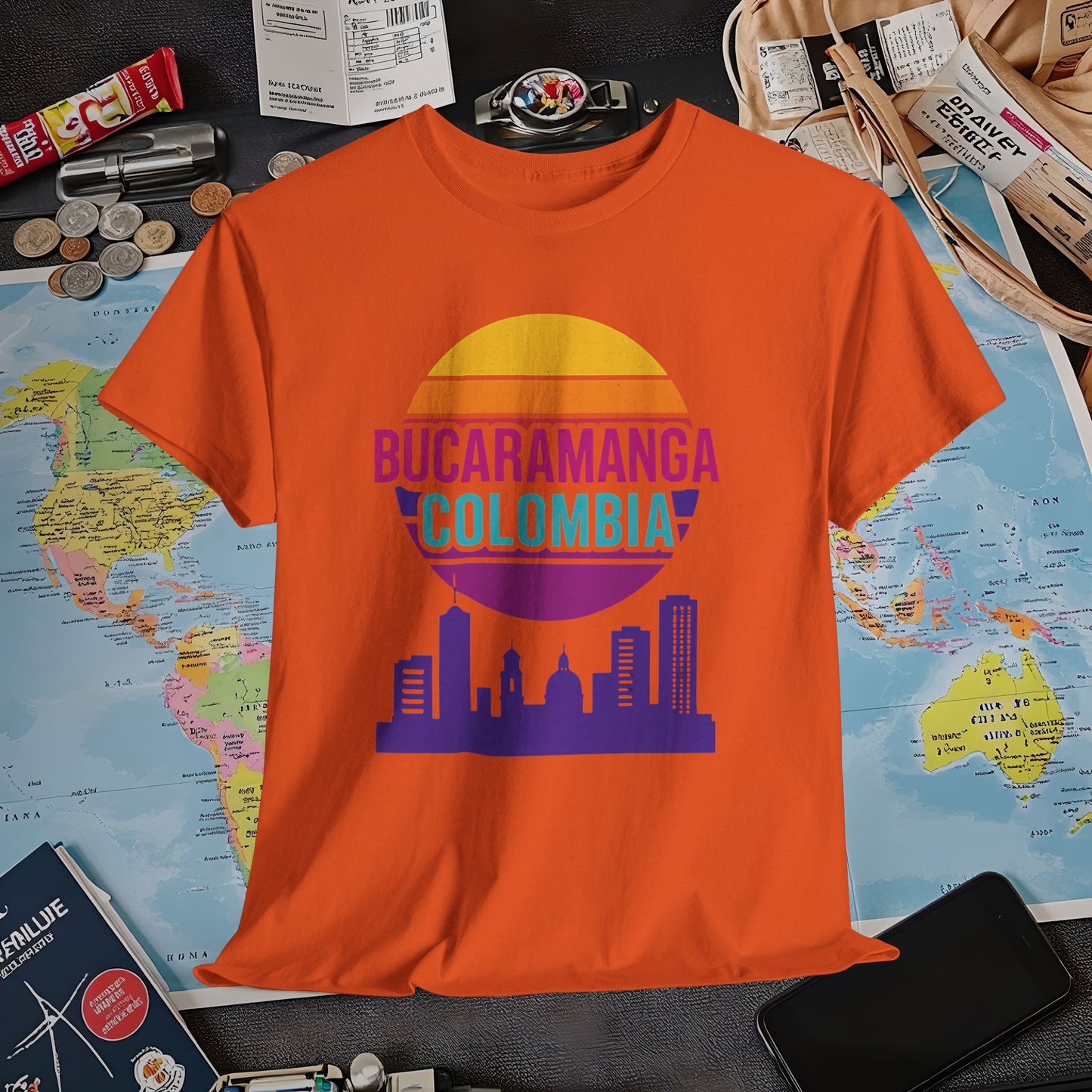 Retro Bucaramanga Skyline Sunset Tee – Vintage Colombia Travel Shirt| Layover Club Air Travel T-Shirts | Jetsetter, Airport, and International Flight Tees