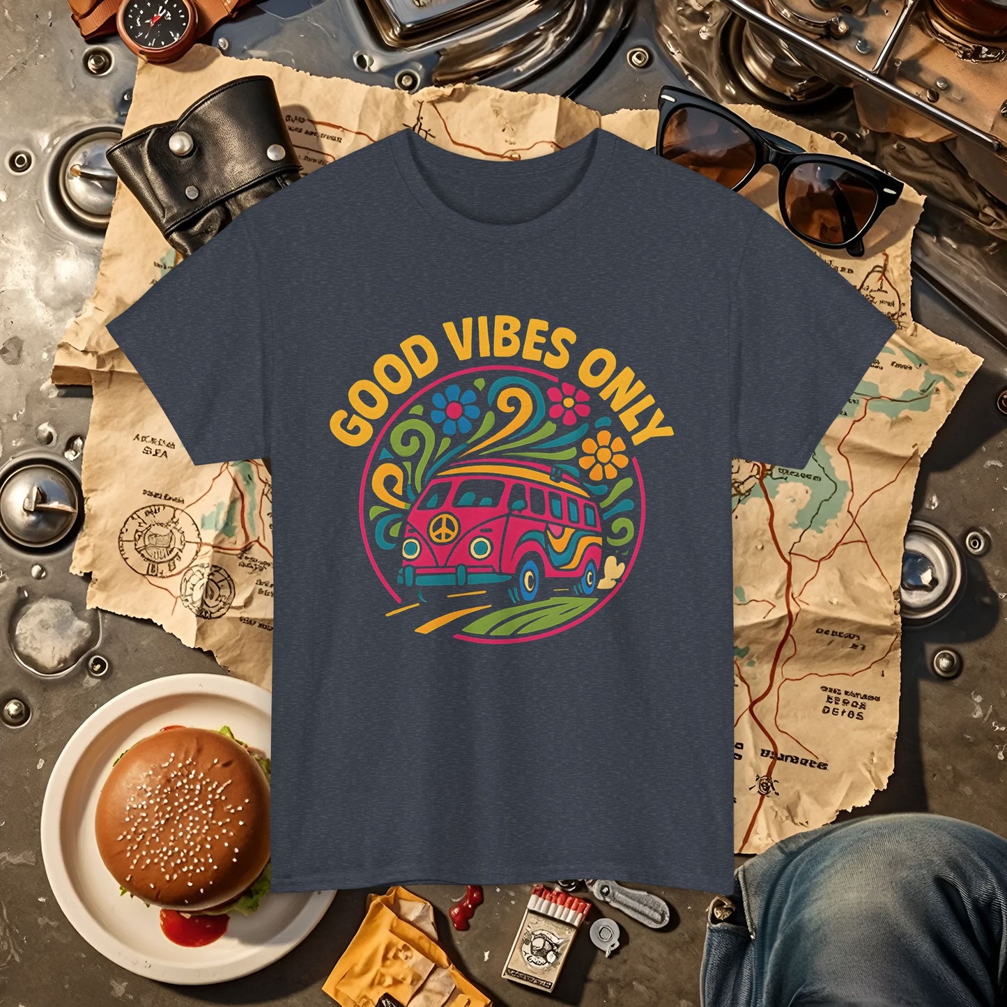 Good Vibes Only T-Shirt – Retro Hippie Van with 70s-Inspired Positivity Road Trip & Vehicle Travel T-Shirts | Car, RV, and Motorcycle Adventure Tees