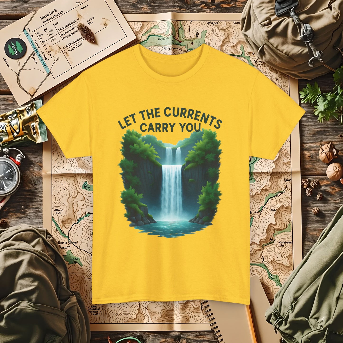 Let the Currents Carry You T-Shirt – Waterfall Escape Design Camping, Hiking, Rafting & Kayaking Tees for Nature Lovers