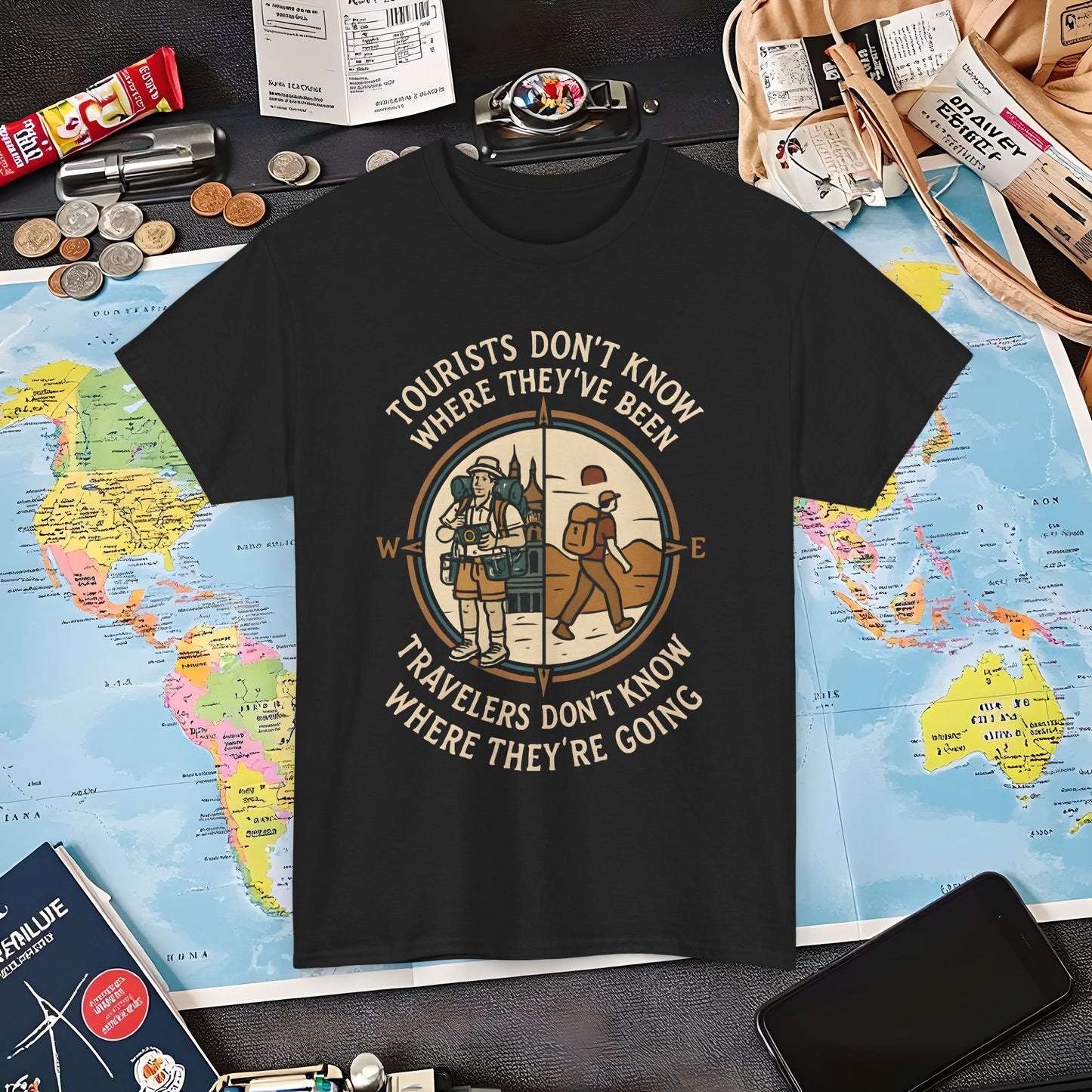 Tourists vs. Travelers – Vintage Compass Emblem Quote Tee | Layover Club Air Travel T-Shirts | Jetsetter, Airport, and International Flight Tees