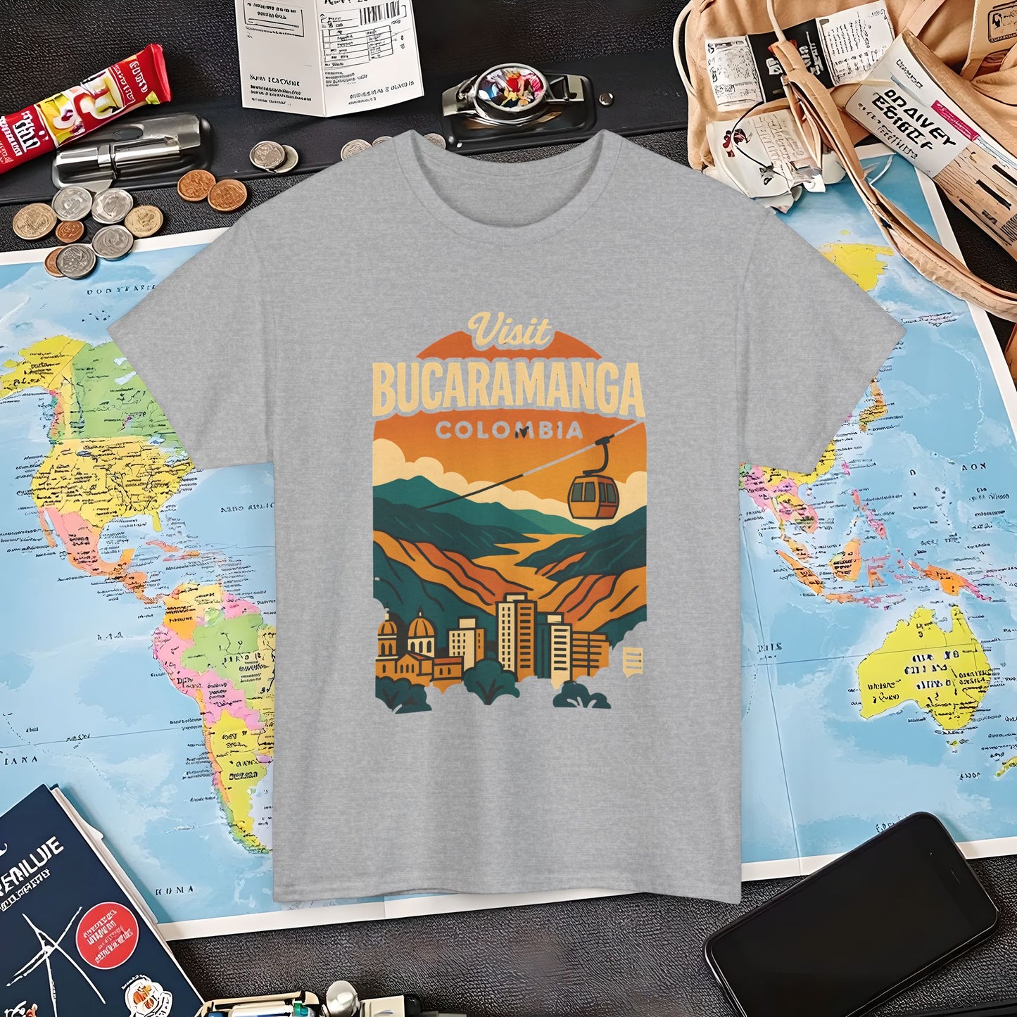 Retro Bucaramanga Skyline with Chicamocha Canyon – Vintage Colombia Travel Tee | Layover Club Air Travel T-Shirts | Jetsetter, Airport, and International Flight Tees
