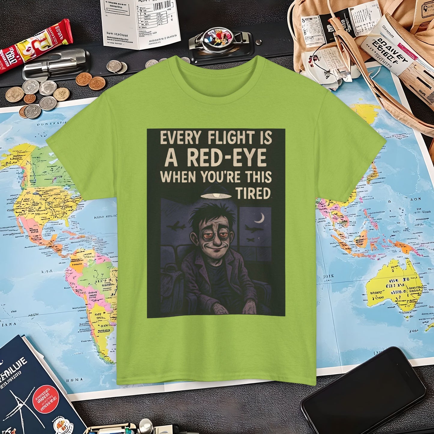Every Flight Is a Red Eye Tee – Exhausted Traveler Comic Noir Shirt Air Travel T-Shirts | Jetsetter, Airport, and International Flight Tees