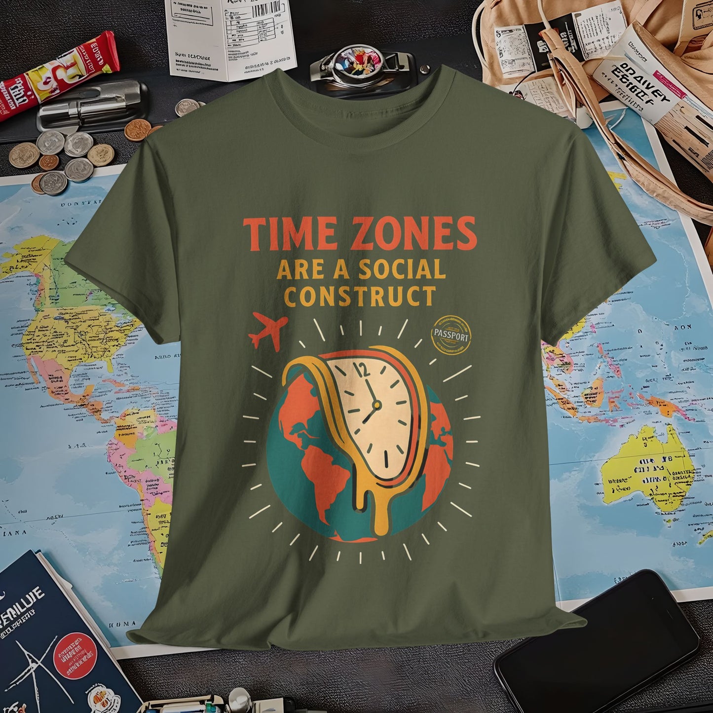 Time Zones Are a Social Construct Tee – Melting Clock Over World Map Travel Shirt Air Travel T-Shirts | Jetsetter, Airport, and International Flight Tees