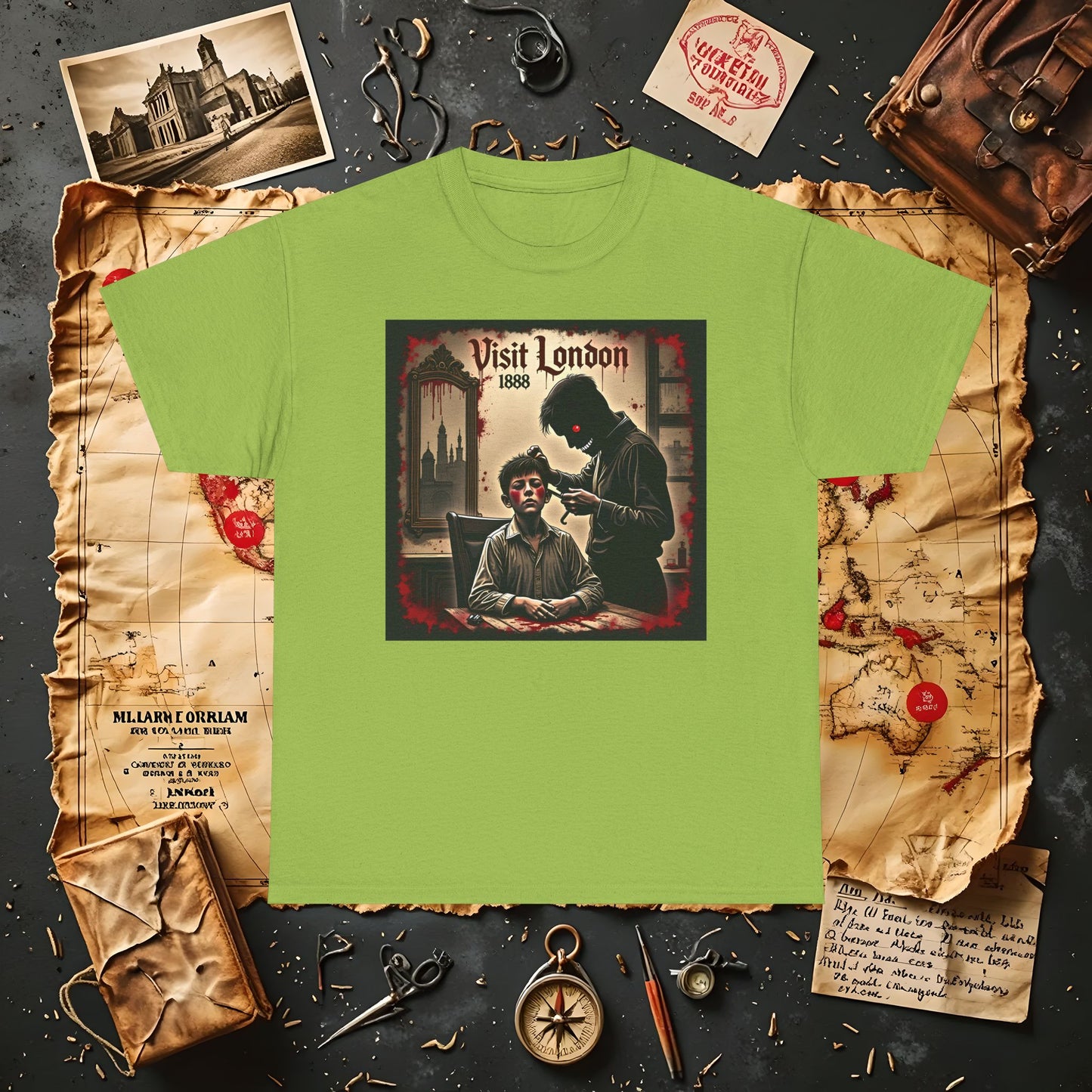Visit London 1888 T-Shirt – Victorian Horror with Jack the Ripper and Evil Barber Art