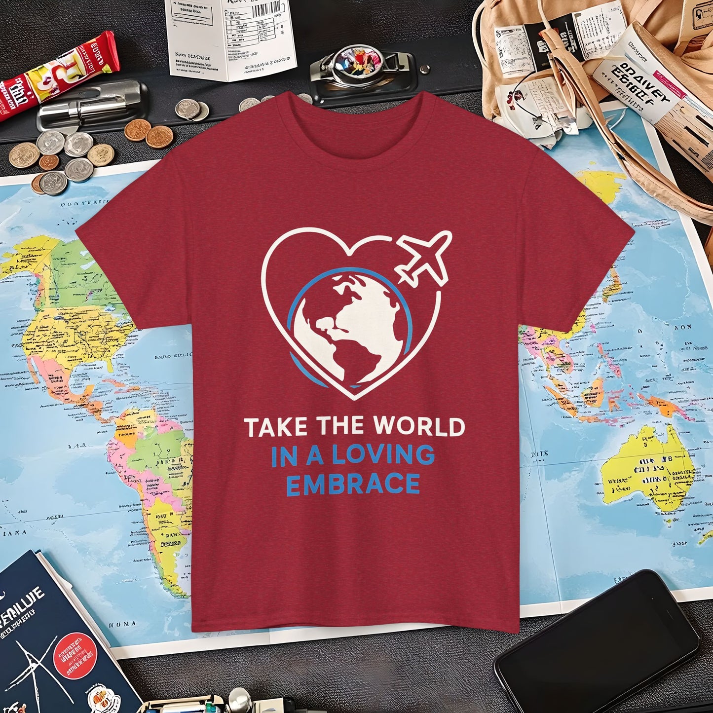Take the World in a Loving Embrace T-Shirt – Heart in Flight Over Globe Design Air Travel T-Shirts | Jetsetter, Airport, and International Flight Tees
