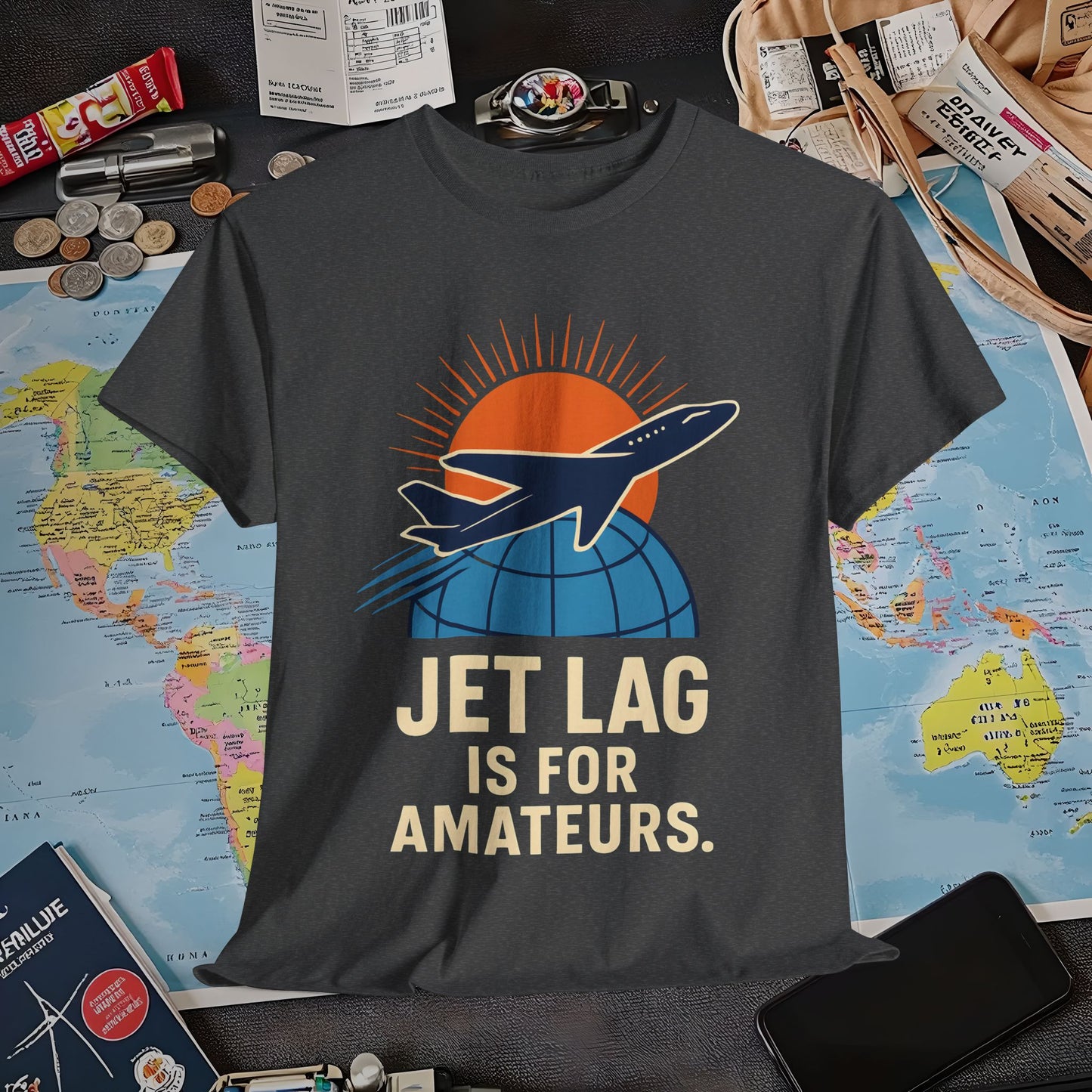 Jet Lag Is for Amateurs Vintage Jet Airplane Globe Bold Quote T-Shirt Air Travel T-Shirts | Jetsetter, Airport, and International Flight Tees