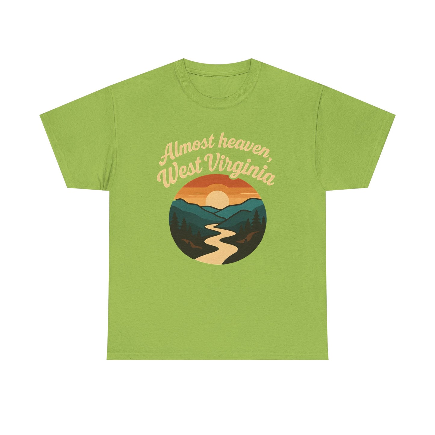 Almost Heaven, West Virginia T-Shirt – Vintage Appalachian Sunset with Winding River Road Trip & Vehicle Travel T-Shirts | Car, RV, and Motorcycle Adventure Tees