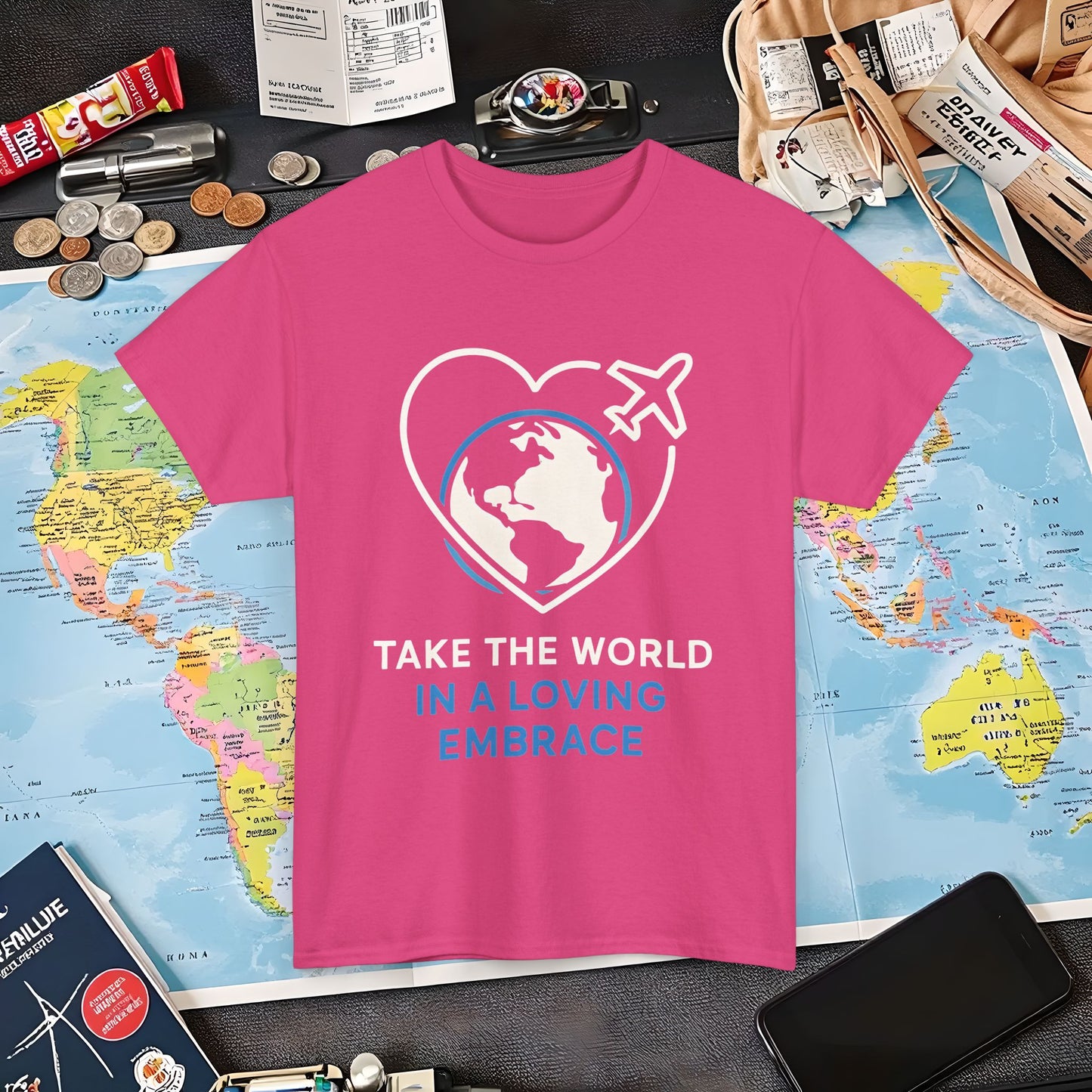 Take the World in a Loving Embrace T-Shirt – Heart in Flight Over Globe Design Air Travel T-Shirts | Jetsetter, Airport, and International Flight Tees