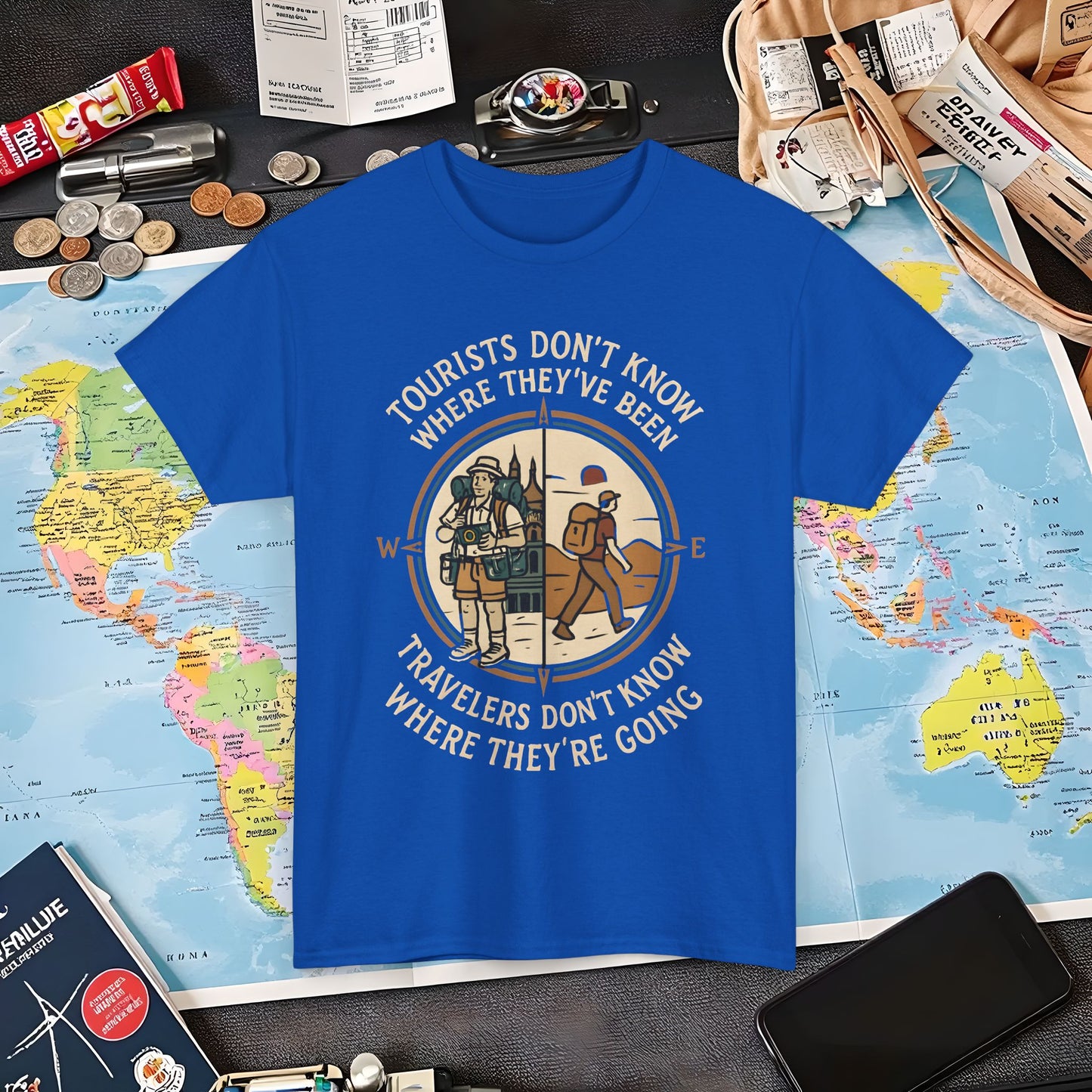 Tourists vs. Travelers – Vintage Compass Emblem Quote Tee | Layover Club Air Travel T-Shirts | Jetsetter, Airport, and International Flight Tees