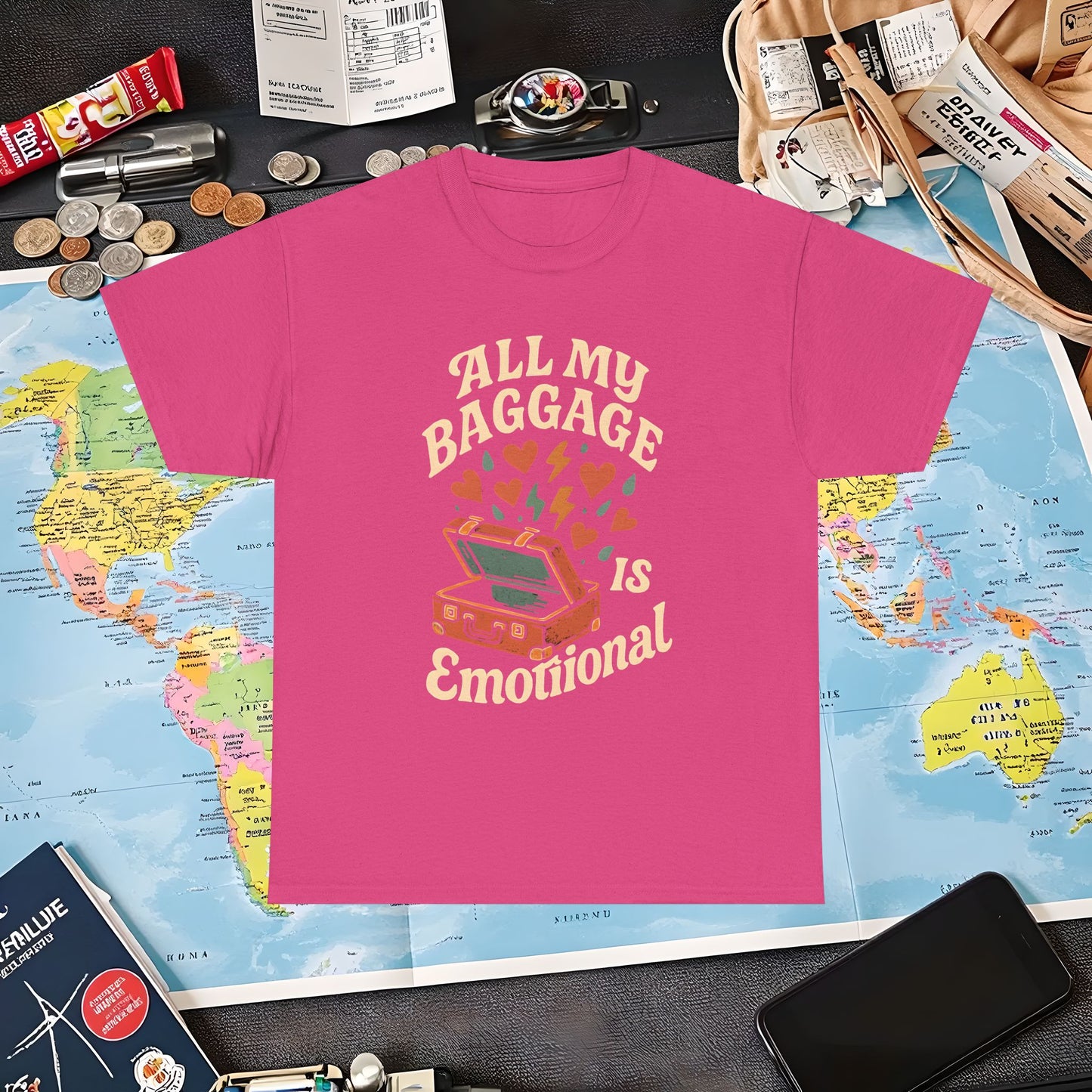 All My Baggage Is Emotional – Retro Suitcase Overflowing with Feelings Tee Air Travel T-Shirts | Jetsetter, Airport, and International Flight Tees