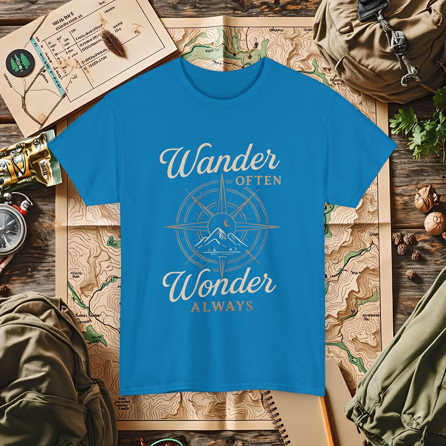 Wander Often, Wonder Always – Compass Quote Travel Tee | Camping, Hiking, Rafting & Kayaking Tees for Nature Lovers