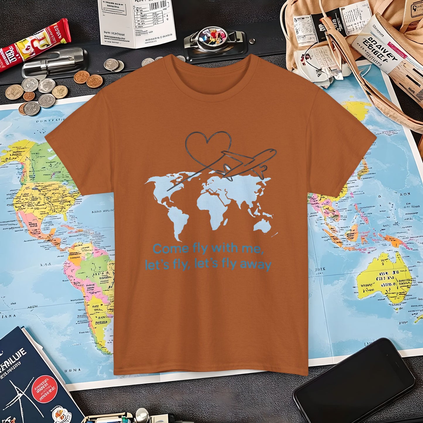 Come Fly With Me T-Shirt – Heart-Loop Airplane Over World Map Design Air Travel T-Shirts | Jetsetter, Airport, and International Flight Tees
