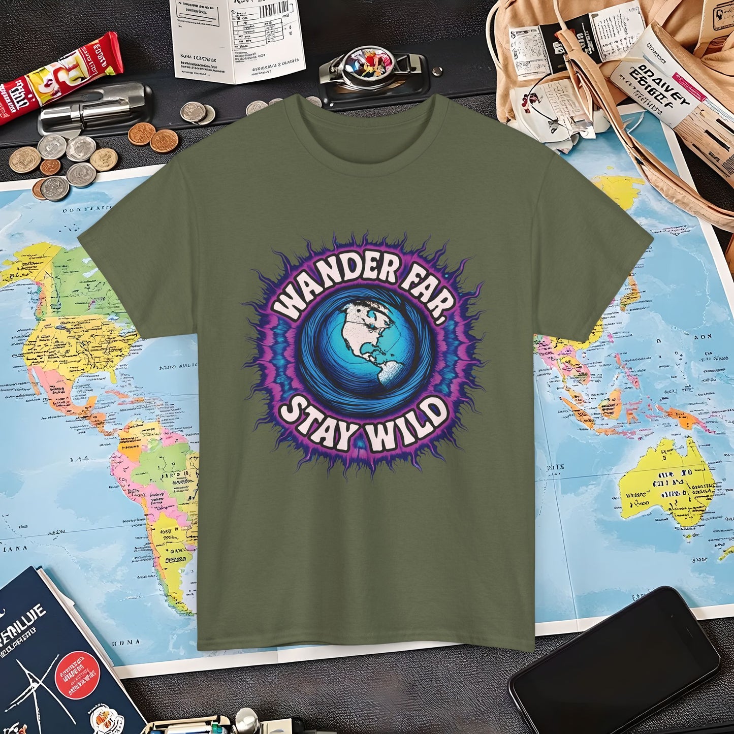 Wander Far, Stay Wild T-Shirt – Globe Burst Adventure Design Air Travel T-Shirts | Jetsetter, Airport, and International Flight Tees