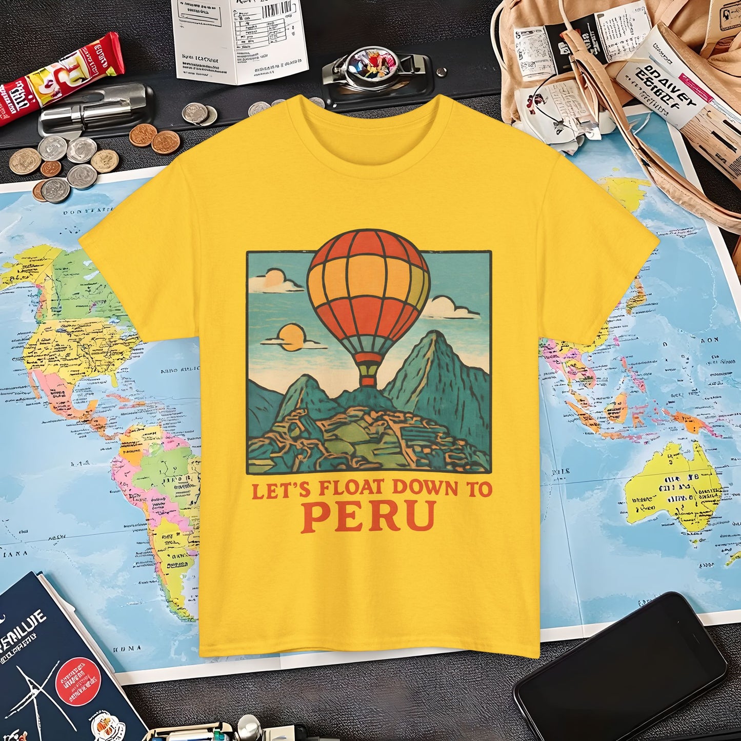 Let’s Float Down to Peru T-Shirt – Vintage Hot-Air Balloon Over Machu Picchu Design Air Travel T-Shirts | Jetsetter, Airport, and International Flight Tees