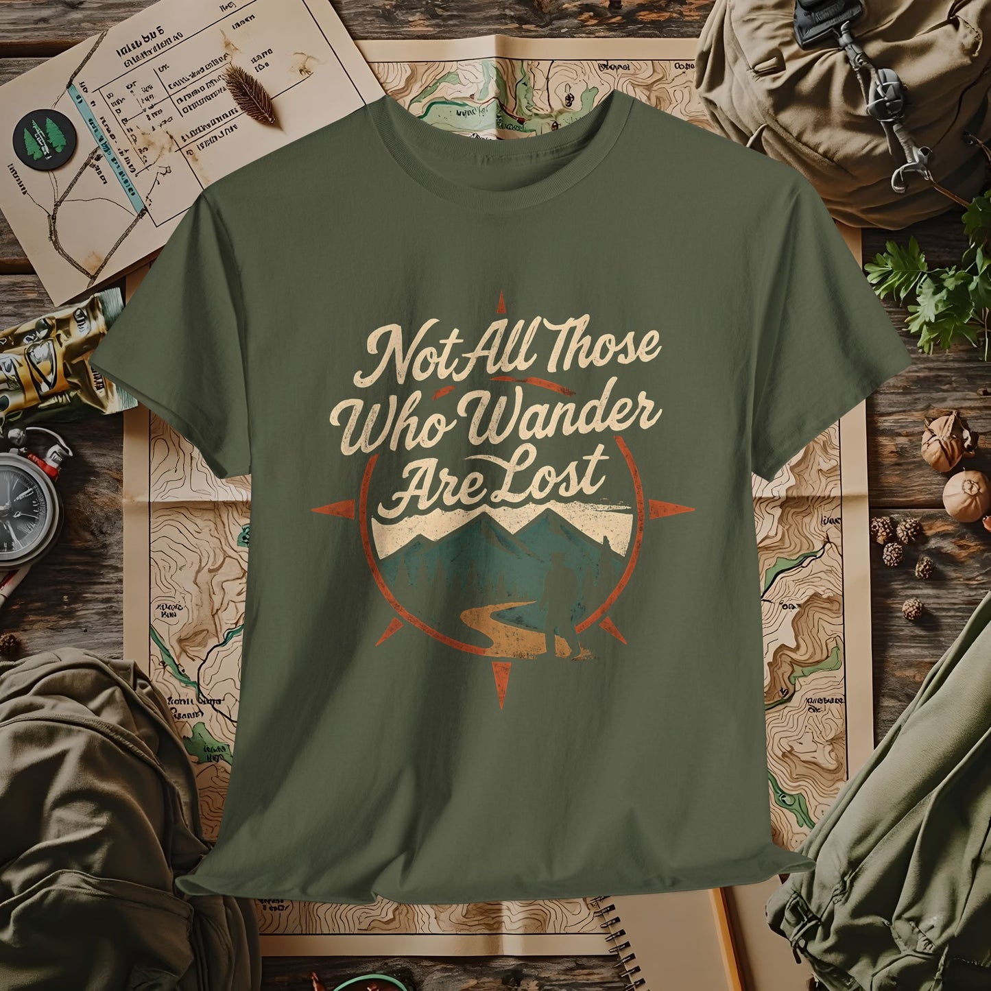 Not All Who Wander Are Lost – Vintage Compass Mountain Tee | Camping, Hiking, Rafting & Kayaking Tees for Nature Lovers