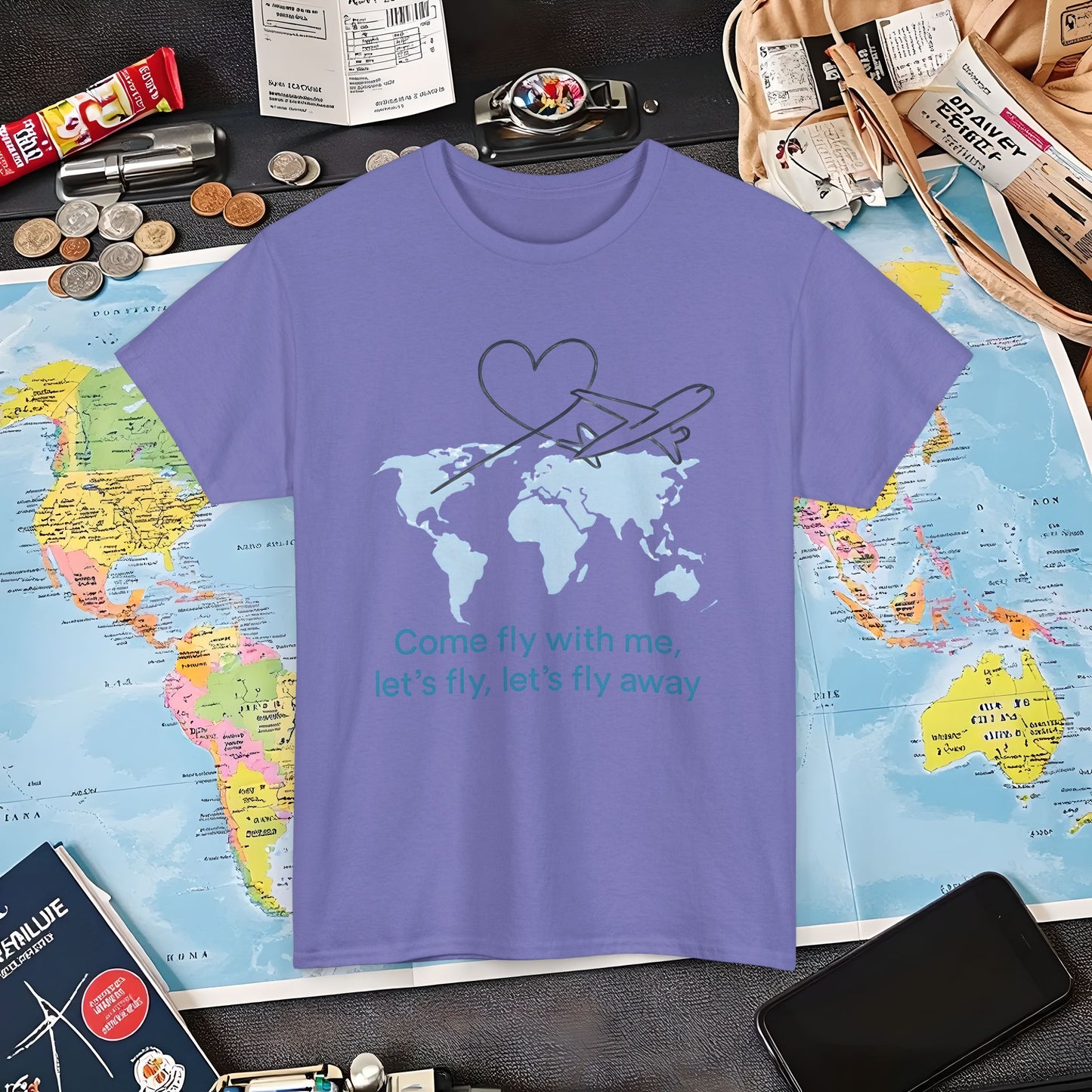 Come Fly With Me T-Shirt – Heart-Loop Airplane Over World Map Design Air Travel T-Shirts | Jetsetter, Airport, and International Flight Tees