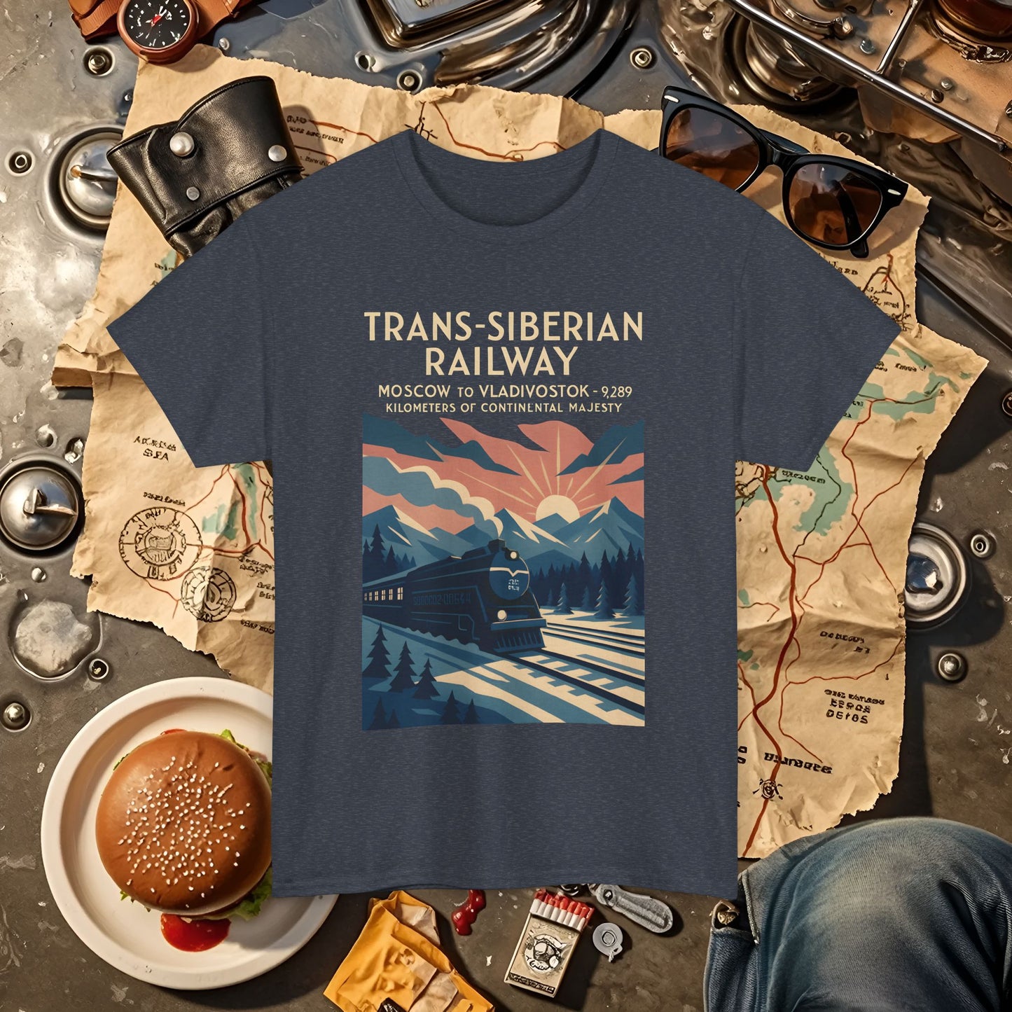 Trans-Siberian Twilight – Art Deco Russian Train Journey Tee Road Trip & Vehicle Travel T-Shirts | Car, RV, and Motorcycle Adventure Tees