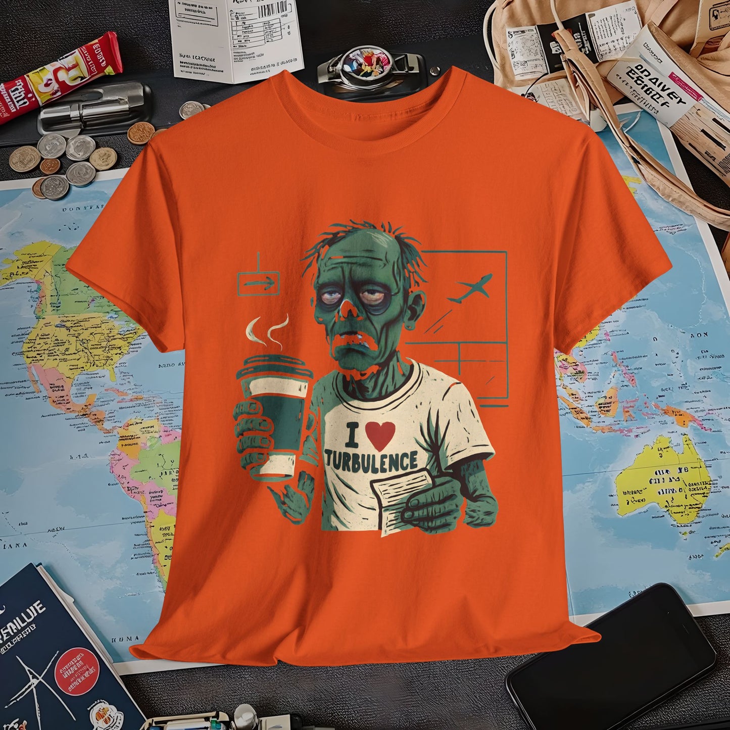I Love Turbulence – Exhausted Zombie Traveler Coffee Tee Air Travel T-Shirts | Jetsetter, Airport, and International Flight Tees