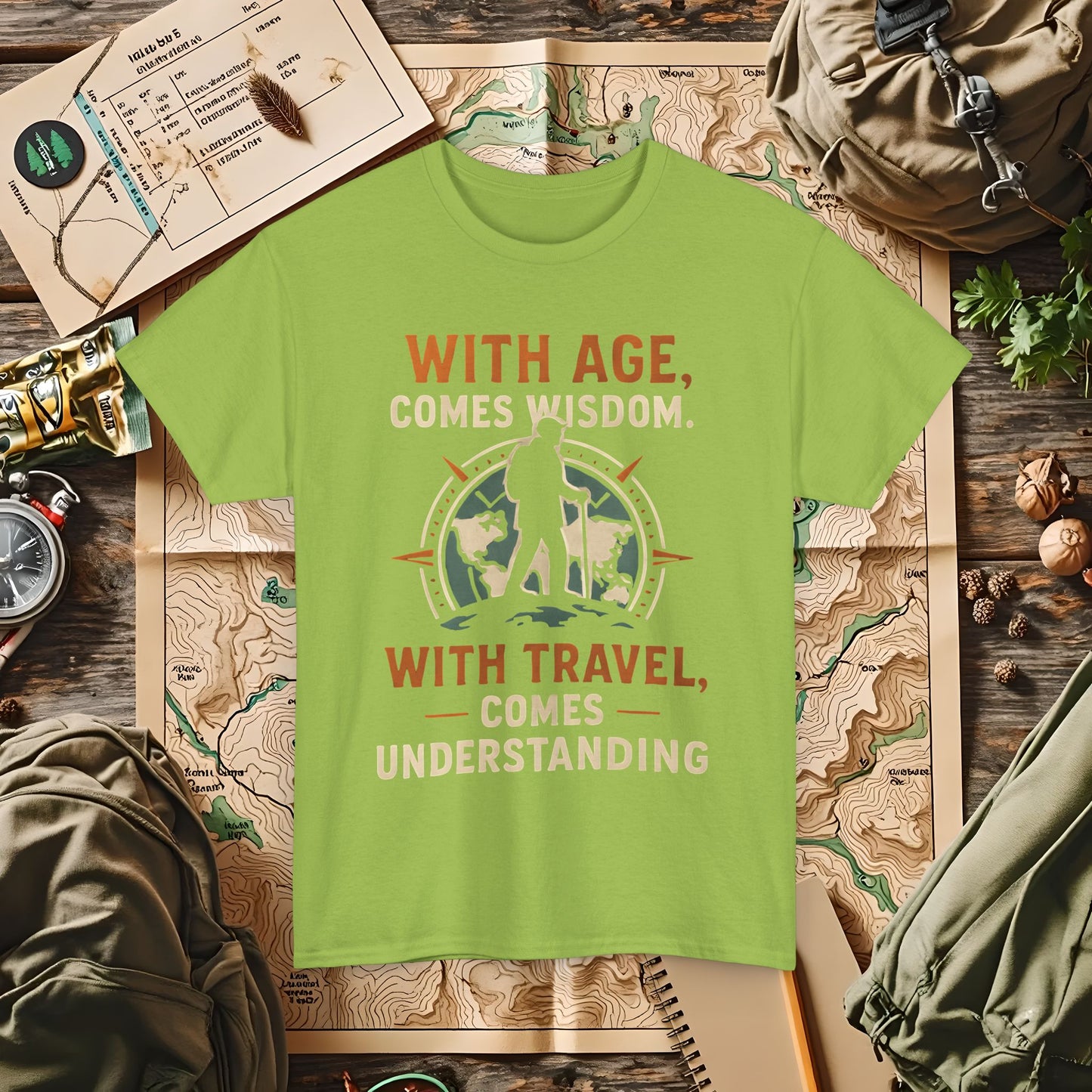 With Age Comes Wisdom, With Travel Comes Understanding Tee – Explorer Compass Design | Camping, Hiking, Rafting & Kayaking Tees for Nature Lovers