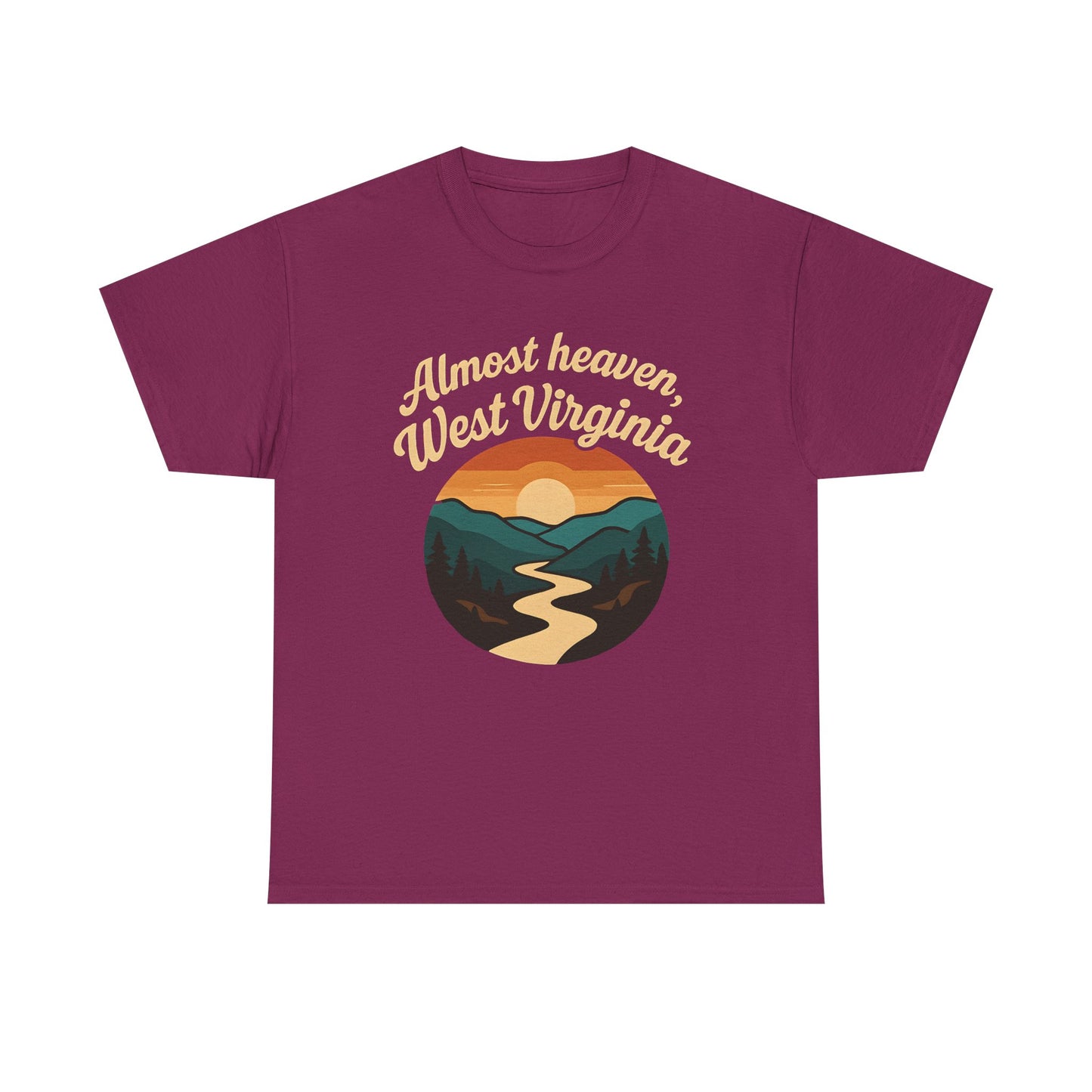 Almost Heaven, West Virginia T-Shirt – Vintage Appalachian Sunset with Winding River Road Trip & Vehicle Travel T-Shirts | Car, RV, and Motorcycle Adventure Tees