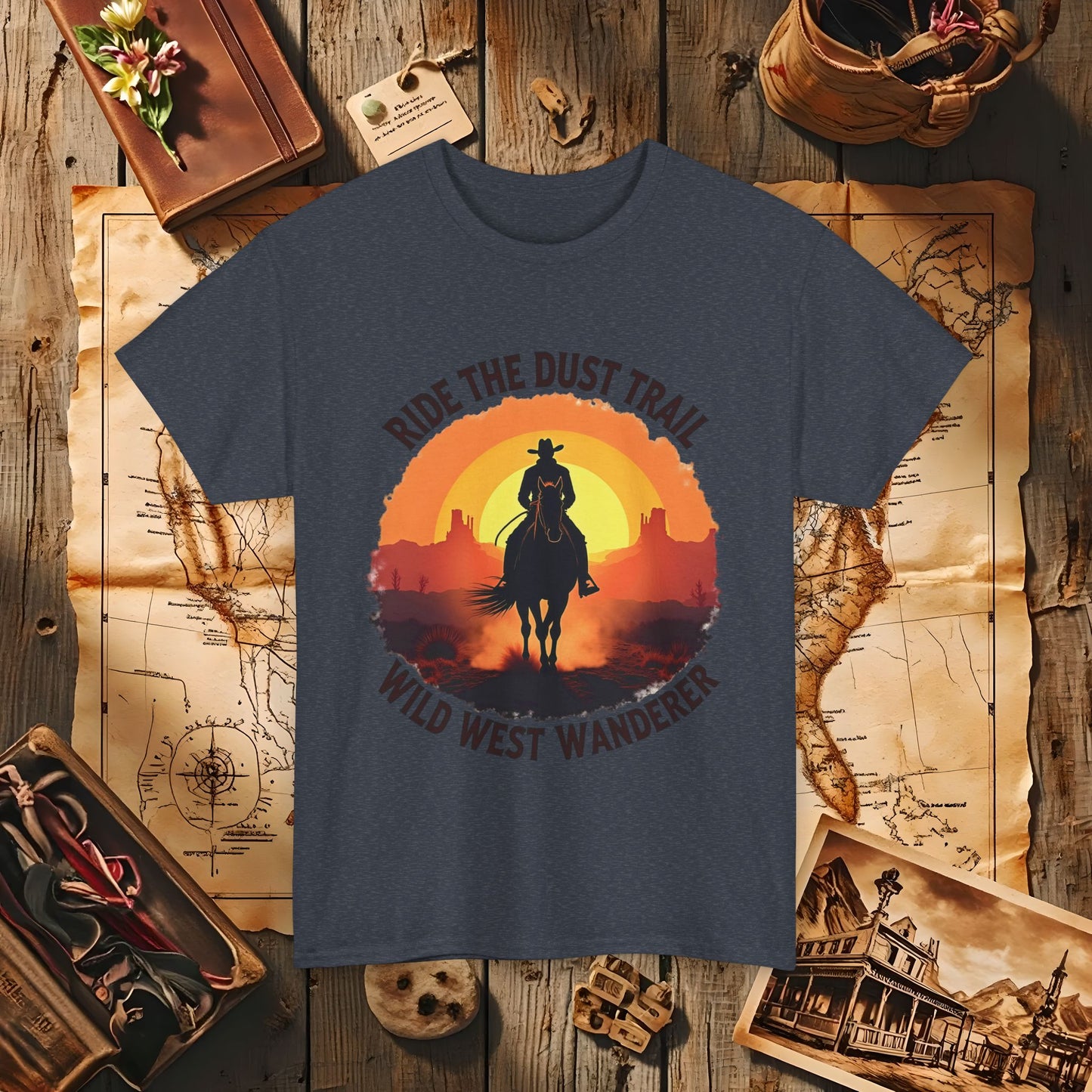 Ride the Dust Trail, Wild West Wanderer Western Travel T-Shirts | Desert, Ghost Town, and Cowboy-Inspired Adventure Tees