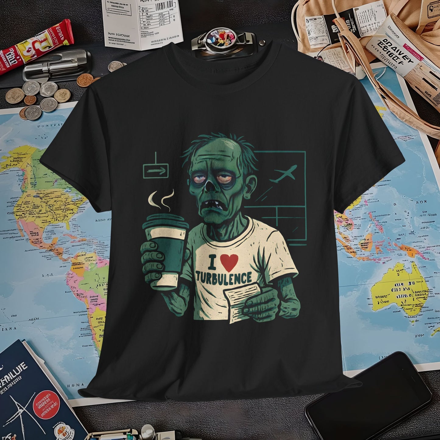 I Love Turbulence – Exhausted Zombie Traveler Coffee Tee Air Travel T-Shirts | Jetsetter, Airport, and International Flight Tees