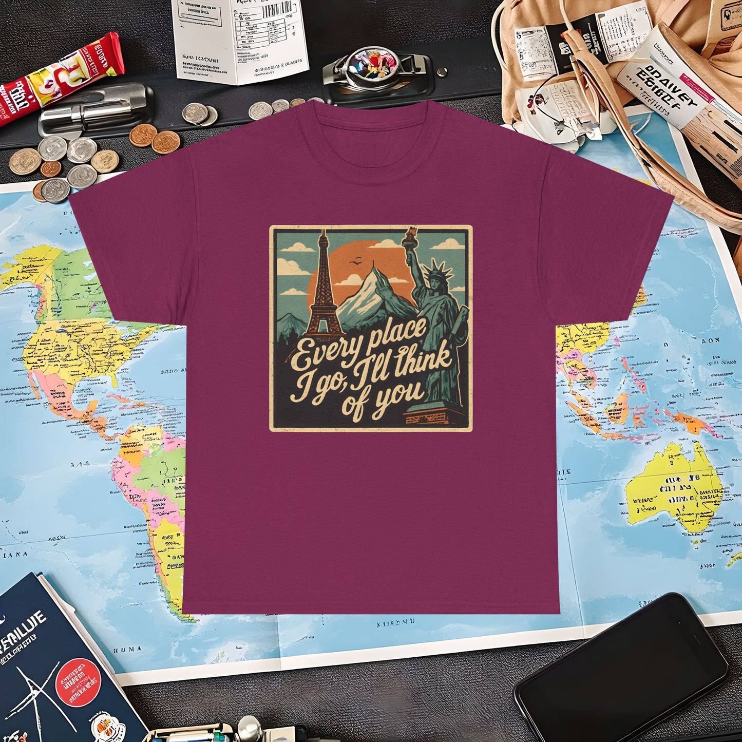 Every Place I Go, I’ll Think of You T-Shirt – Vintage Postcard Travel Collage with Iconic Landmarks Air Travel T-Shirts | Jetsetter, Airport, and International Flight Tees