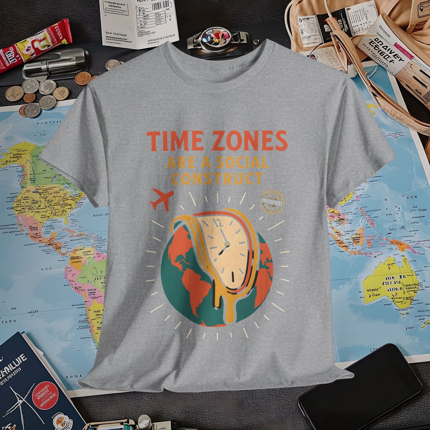 Time Zones Are a Social Construct Tee – Melting Clock Over World Map Travel Shirt Air Travel T-Shirts | Jetsetter, Airport, and International Flight Tees
