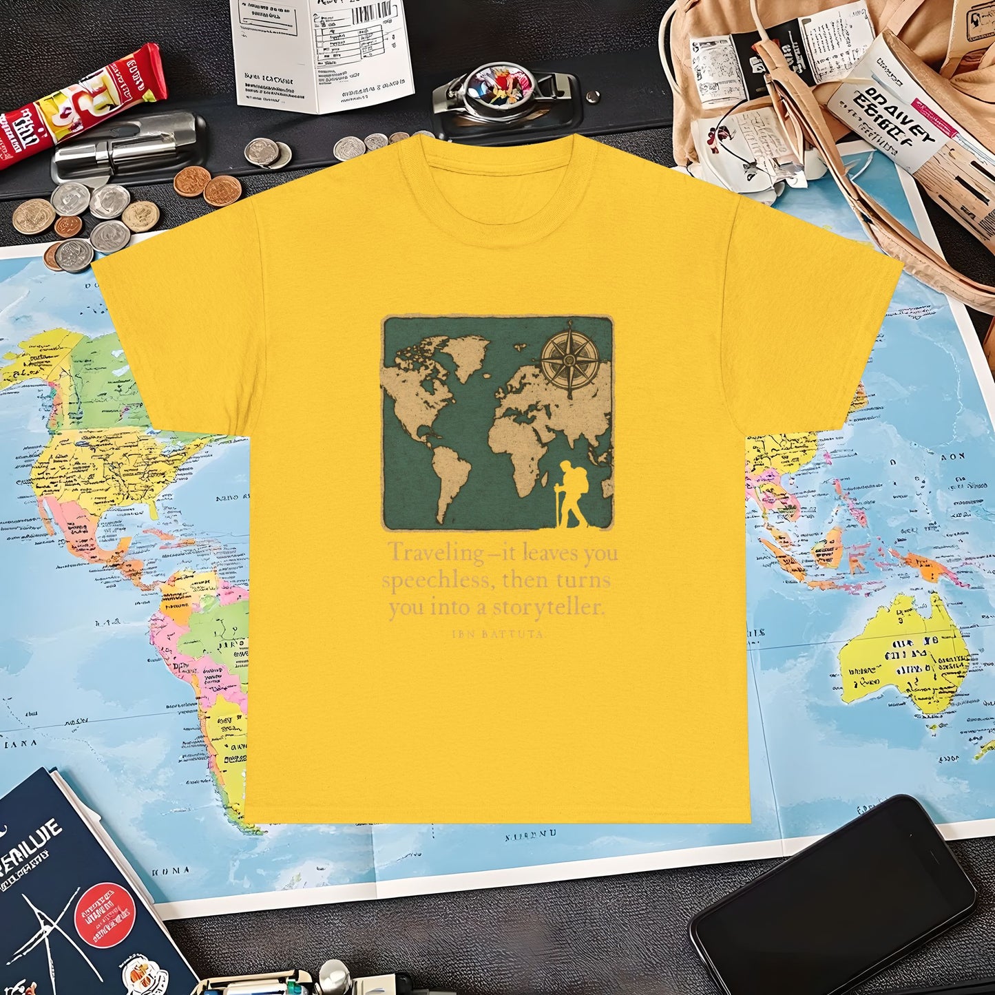 Speechless to Storyteller – Vintage Map Wanderlust Quote Tee Air Travel T-Shirts | Jetsetter, Airport, and International Flight Tees